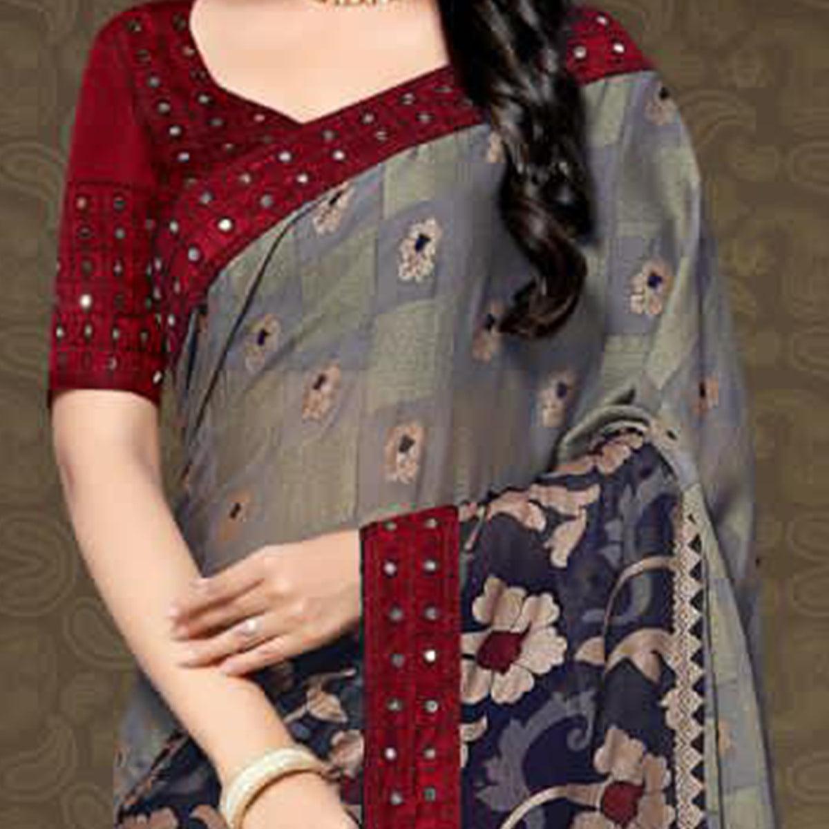 Magnetic Grey Colored Partywear Embroidered Chiffon Brasso Saree - Peachmode