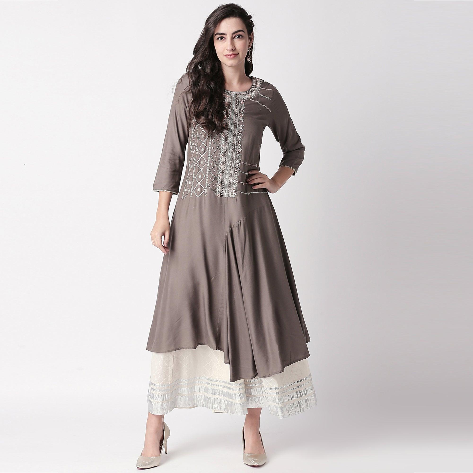Magnetic Grey Colored Partywear Embroidered Cotton Kurti-Palazzo Set - Peachmode
