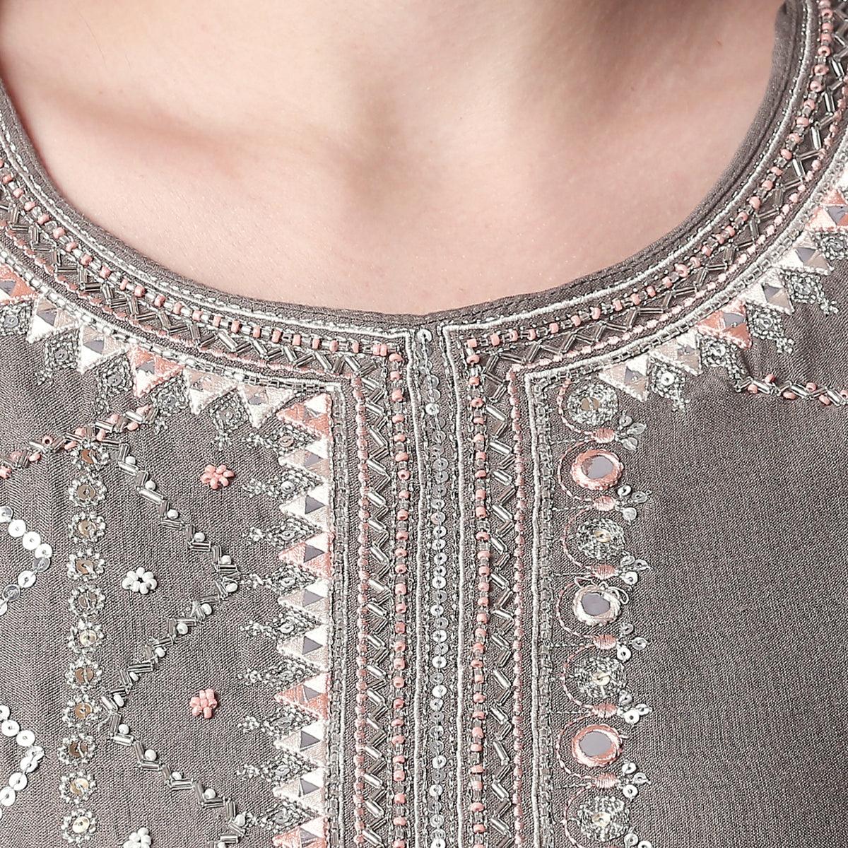 Magnetic Grey Colored Partywear Embroidered Cotton Kurti-Palazzo Set - Peachmode