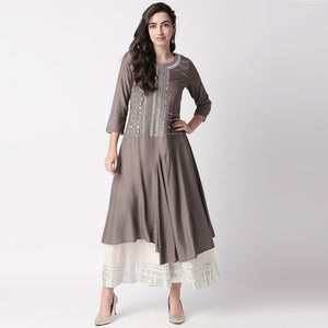 Magnetic Grey Colored Partywear Embroidered Cotton Kurti-Palazzo Set - Peachmode