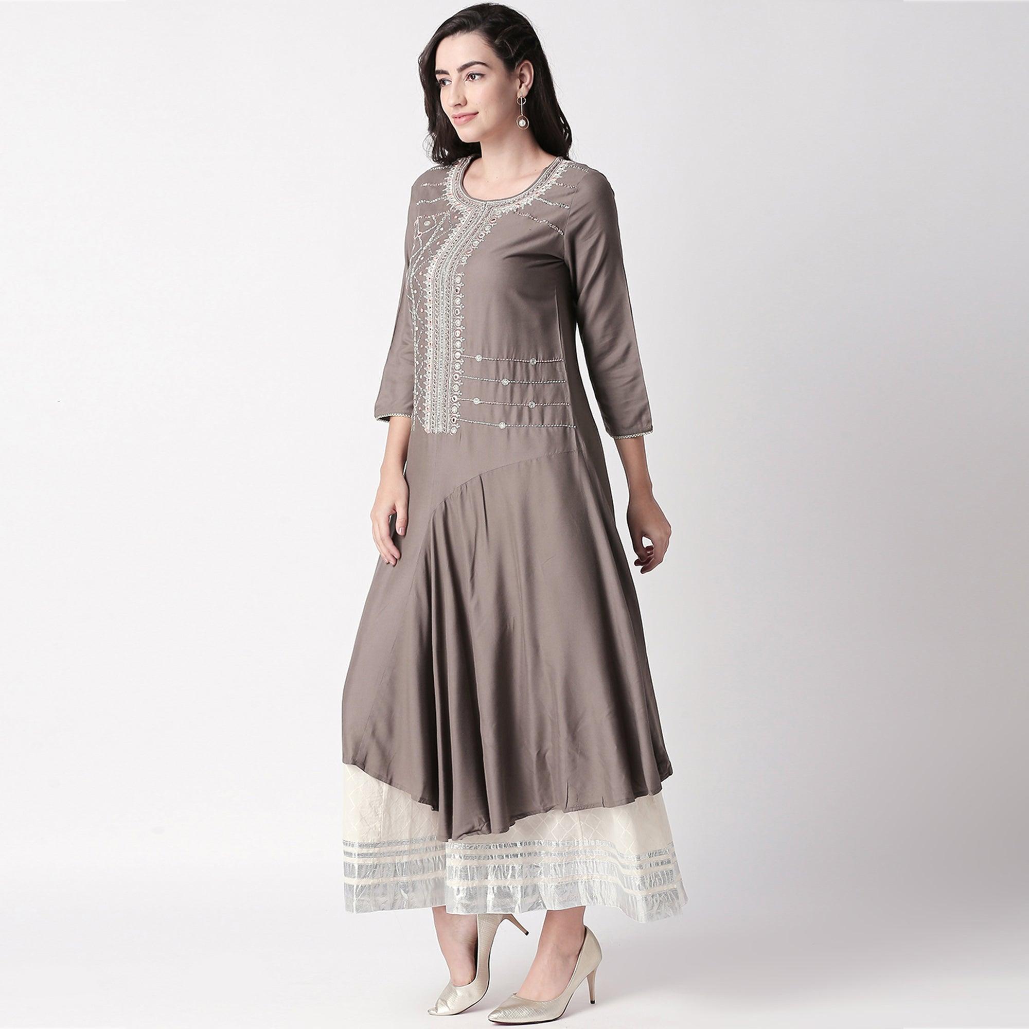 Magnetic Grey Colored Partywear Embroidered Cotton Kurti-Palazzo Set - Peachmode