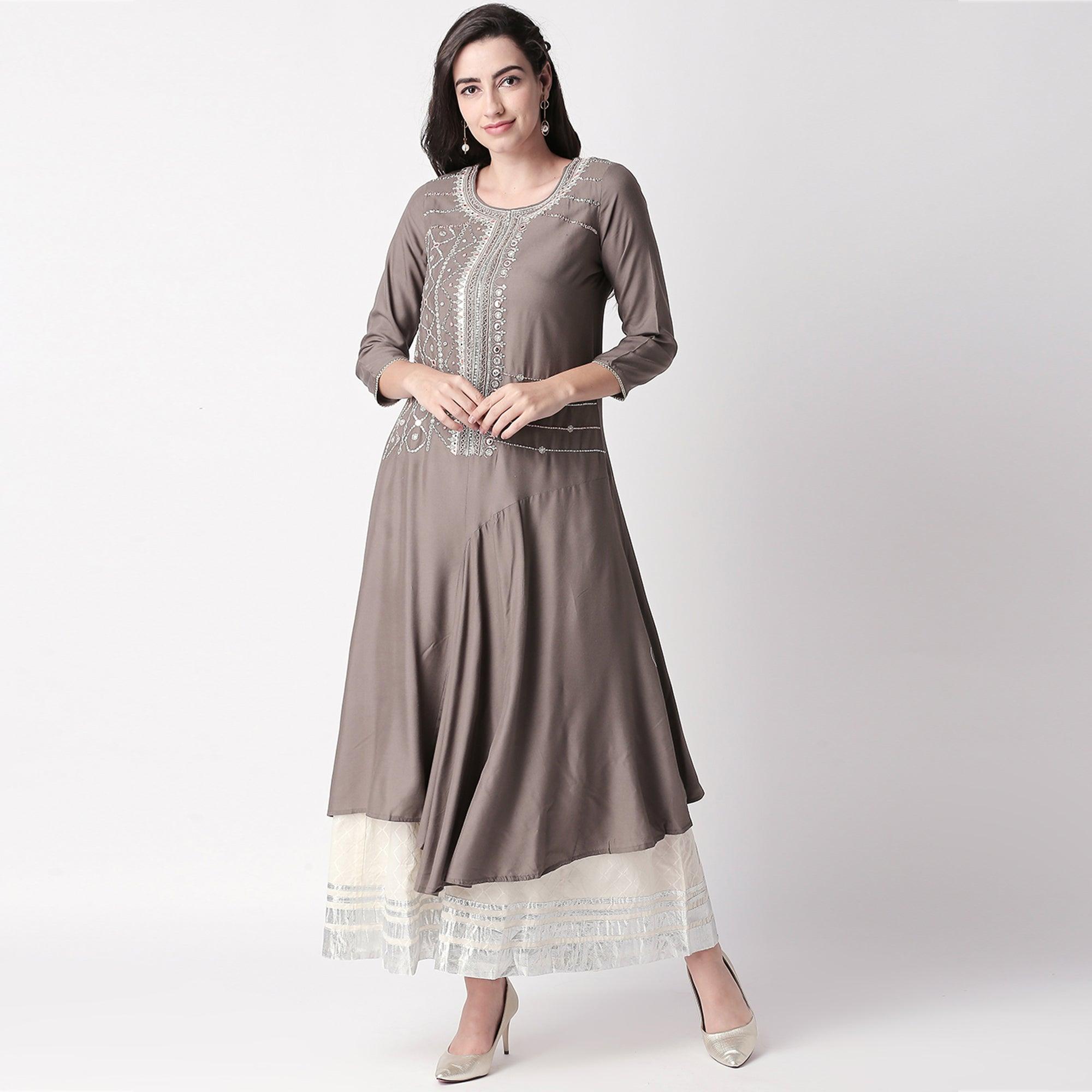 Magnetic Grey Colored Partywear Embroidered Cotton Kurti-Palazzo Set - Peachmode