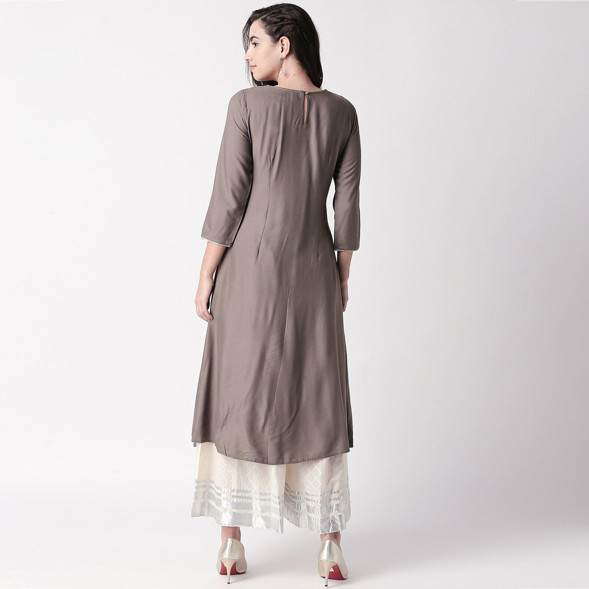 Magnetic Grey Colored Partywear Embroidered Cotton Kurti-Palazzo Set - Peachmode