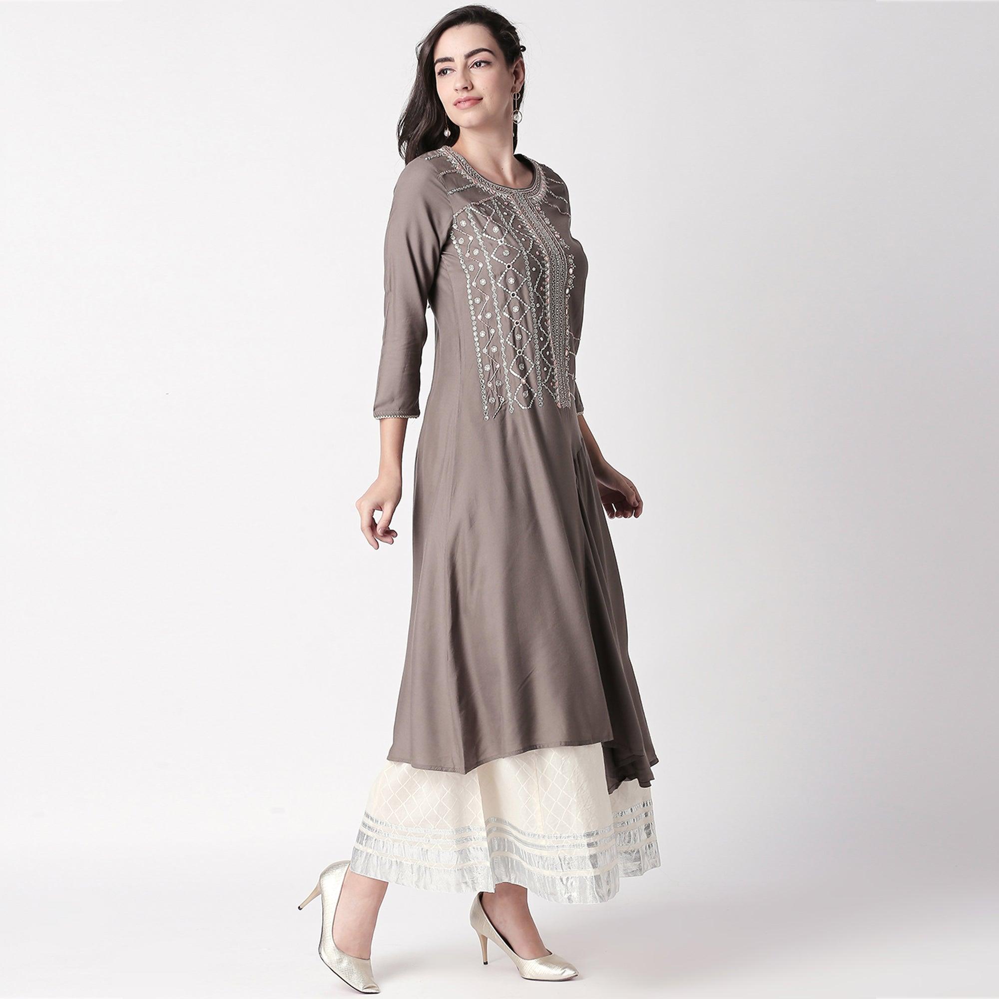 Magnetic Grey Colored Partywear Embroidered Cotton Kurti-Palazzo Set - Peachmode