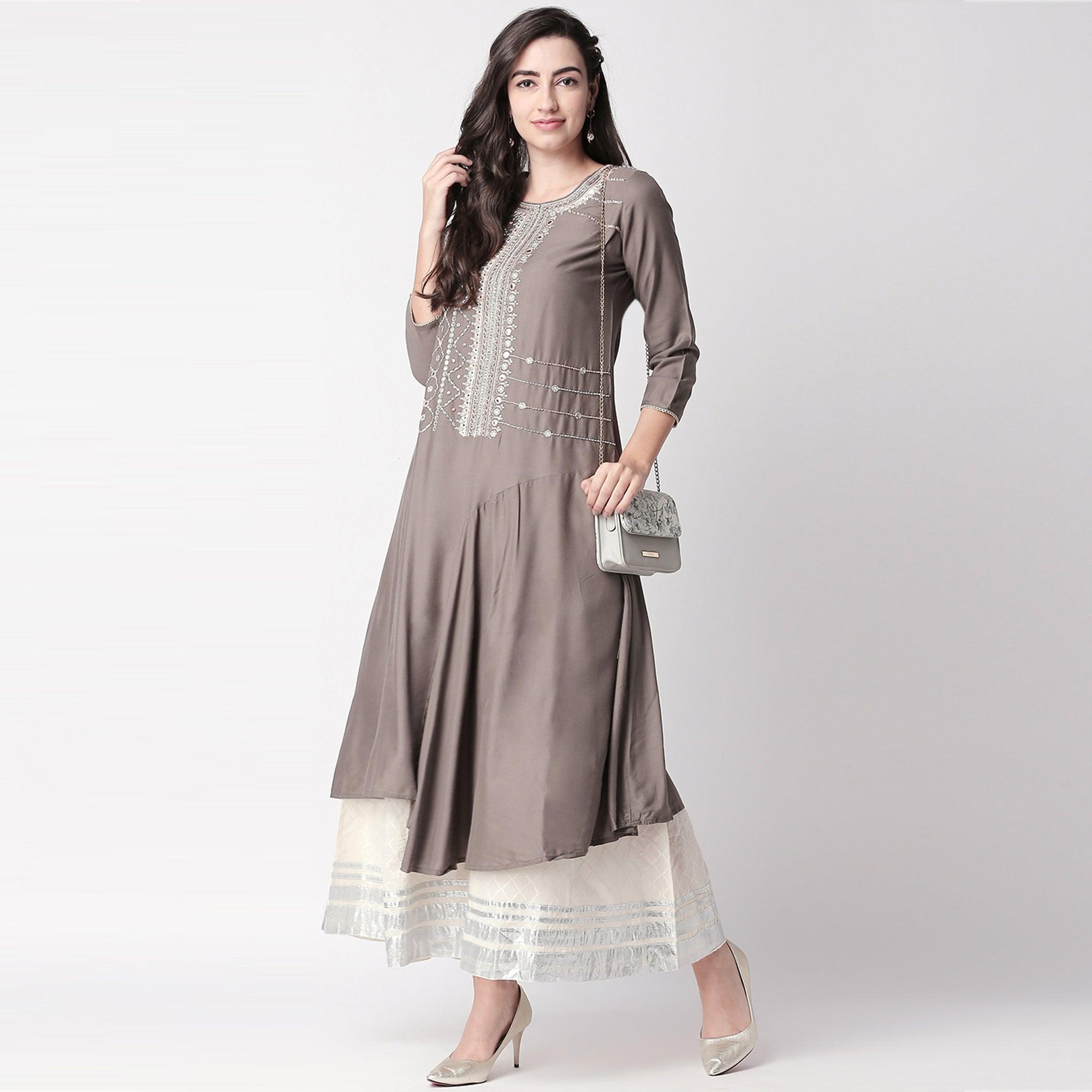 Magnetic Grey Colored Partywear Embroidered Cotton Kurti-Palazzo Set - Peachmode