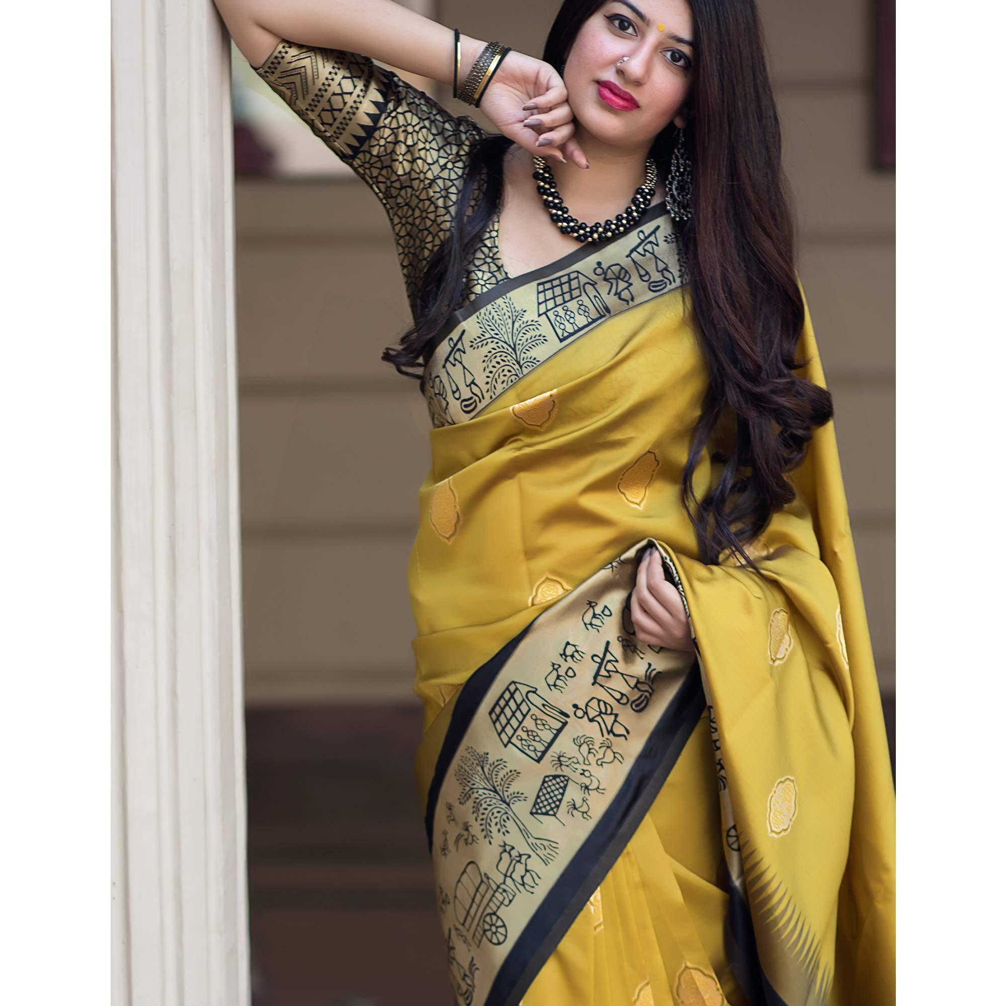 Magnetic Lemon Yellow Colored Festive Wear Woven Banarasi Silk Saree - Peachmode