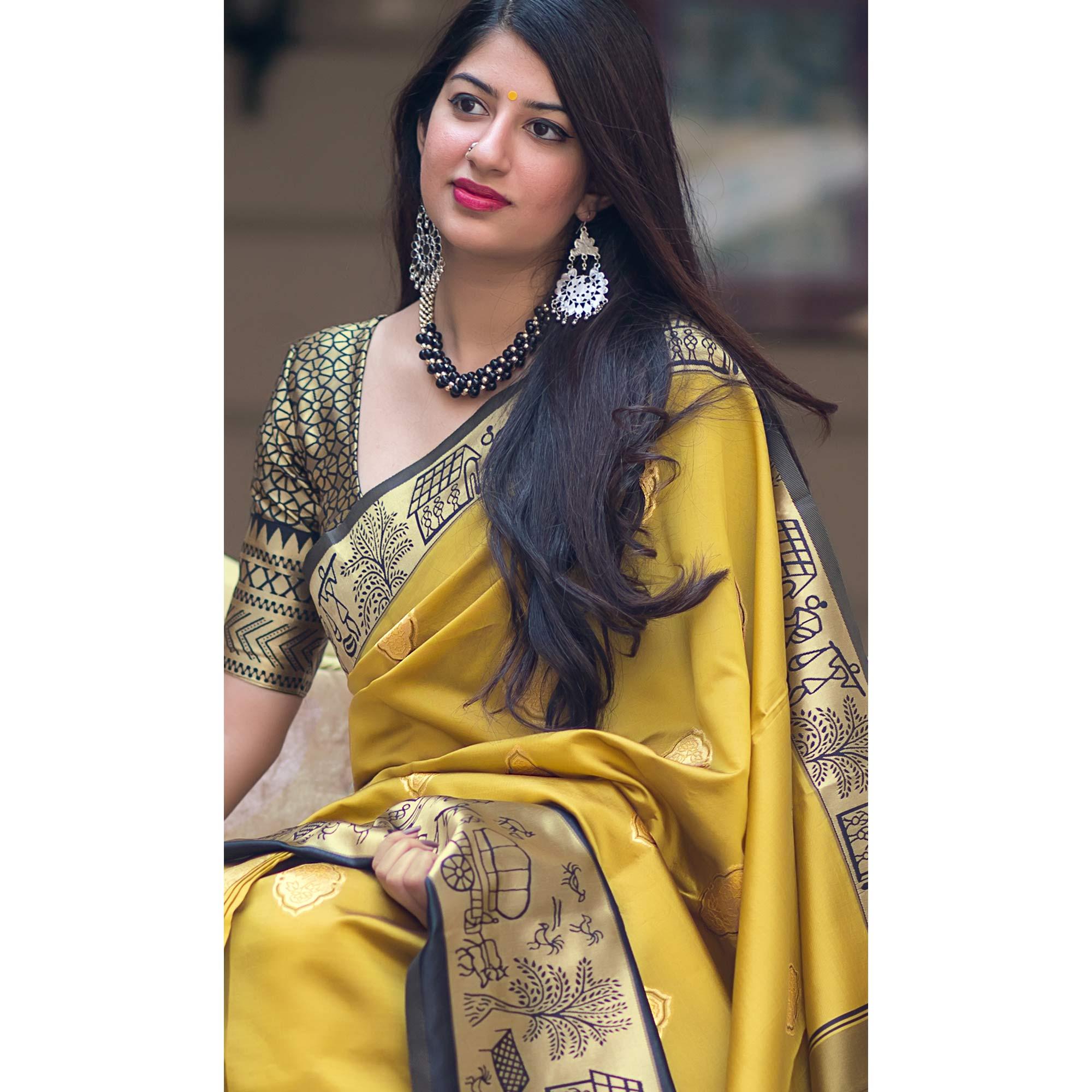 Magnetic Lemon Yellow Colored Festive Wear Woven Banarasi Silk Saree - Peachmode