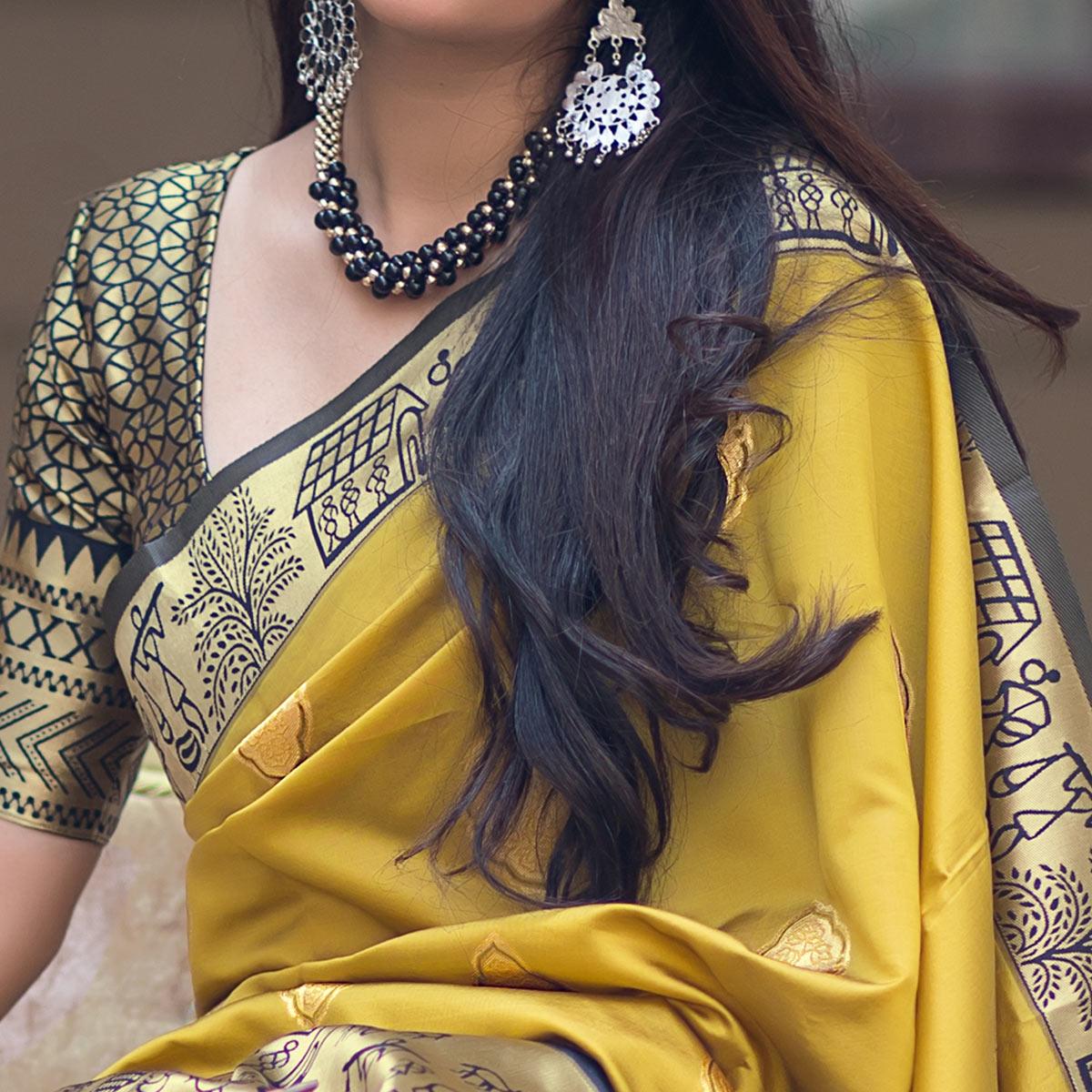 Magnetic Lemon Yellow Colored Festive Wear Woven Banarasi Silk Saree - Peachmode