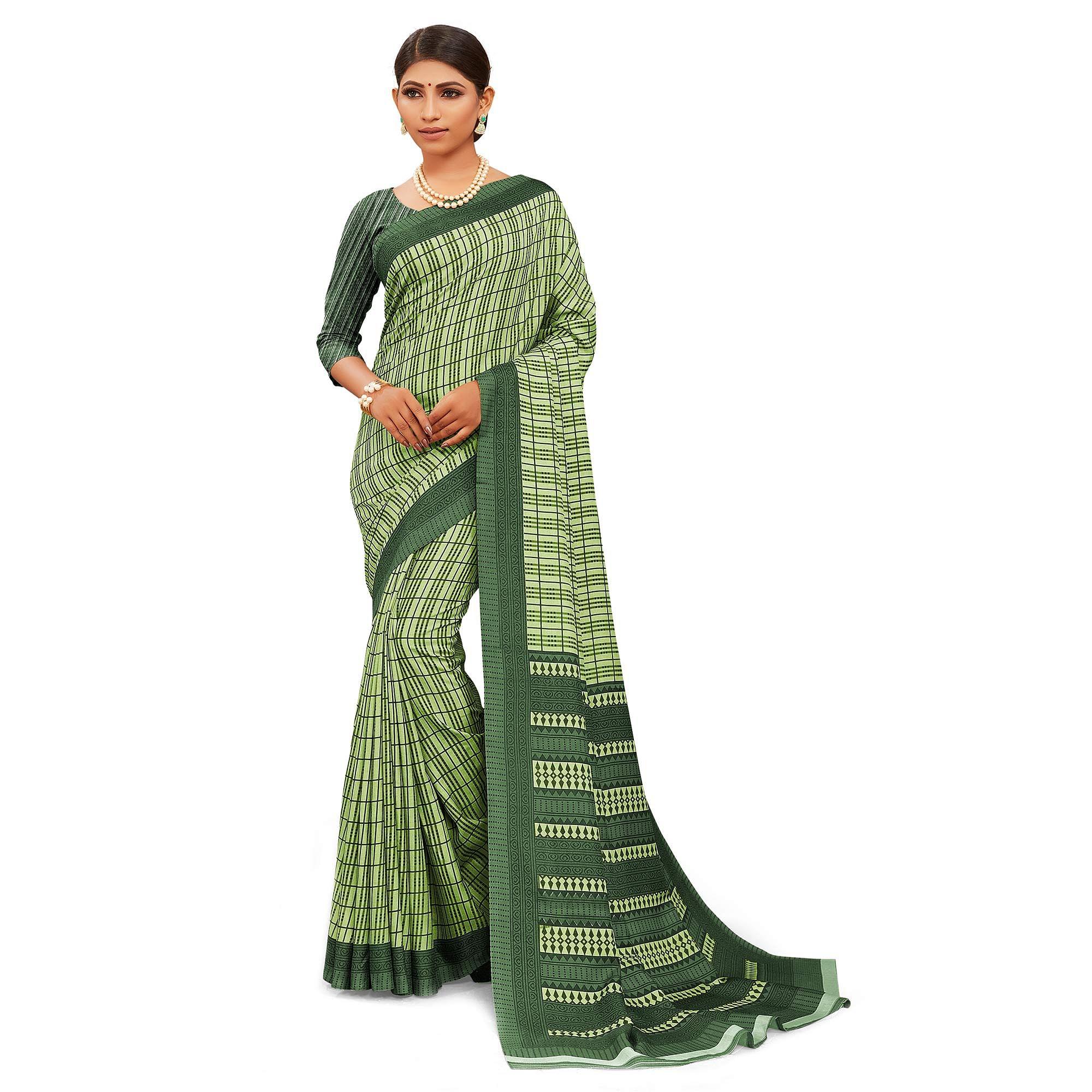 Magnetic Light Green Colored Casual Wear Printed Manipuri Cotton Saree - Peachmode