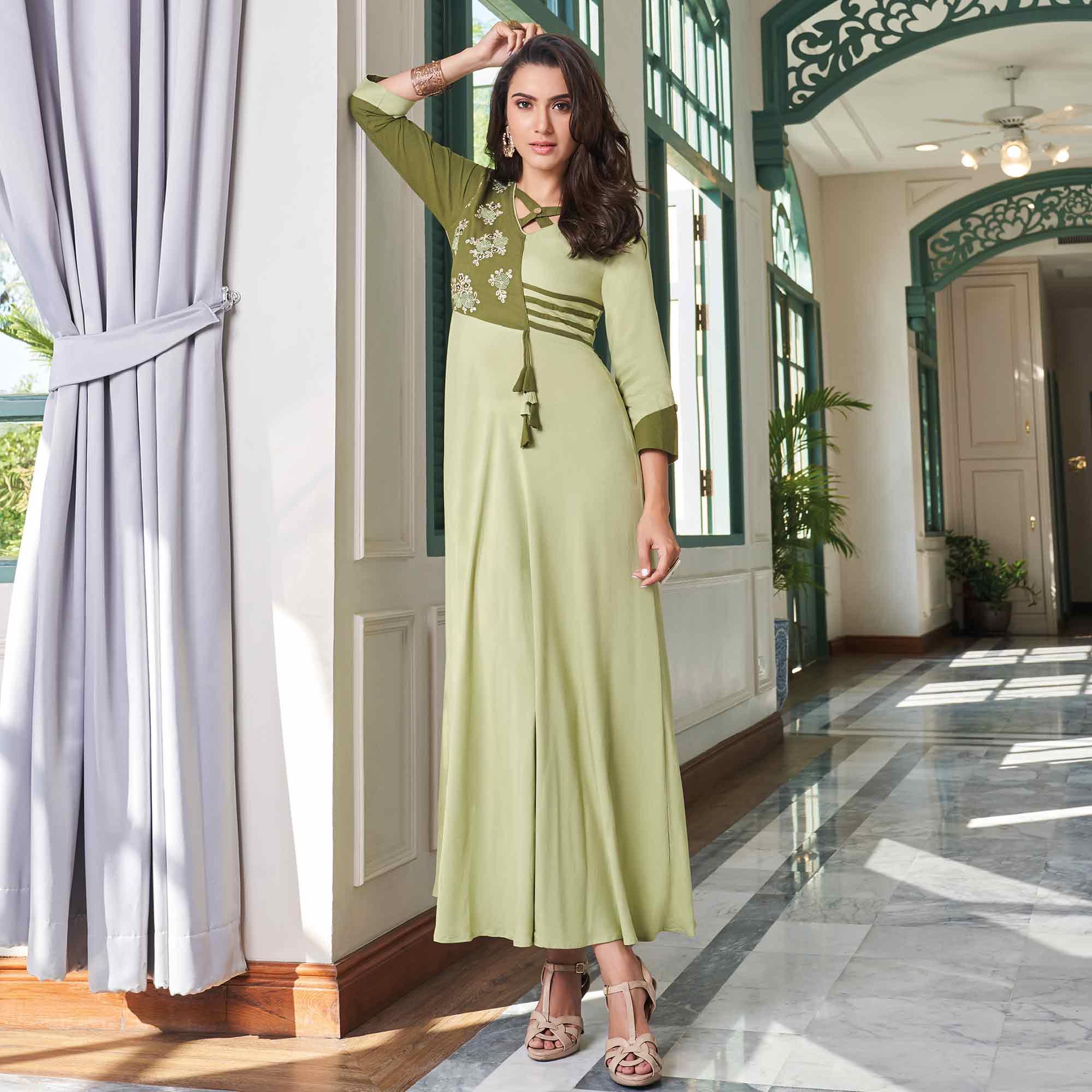 Magnetic Light Olive Green Colored Party Wear Embroidered Rayon Long Kurti - Peachmode