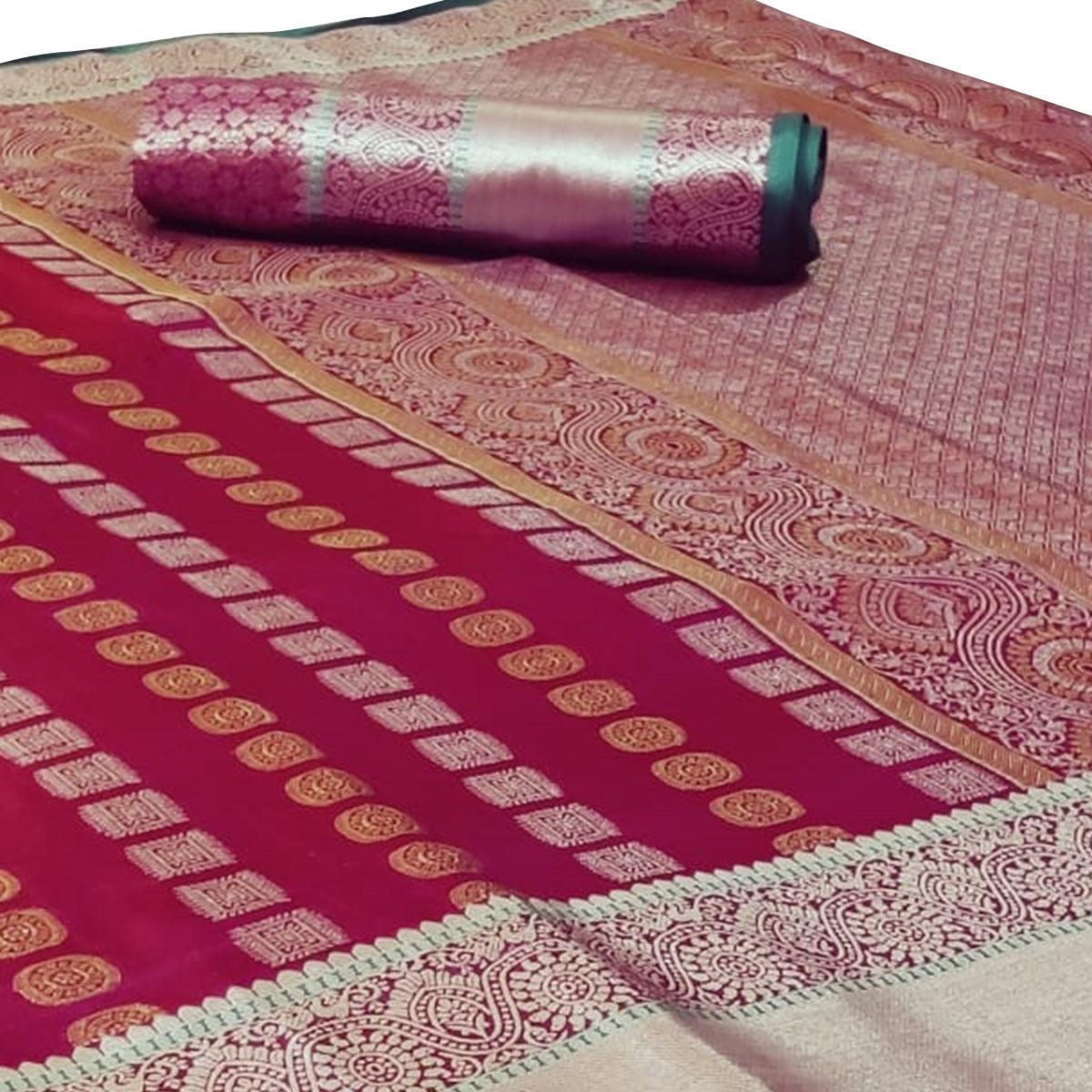 Magnetic Maroon Colored Festive Wear Woven Silk Saree - Peachmode