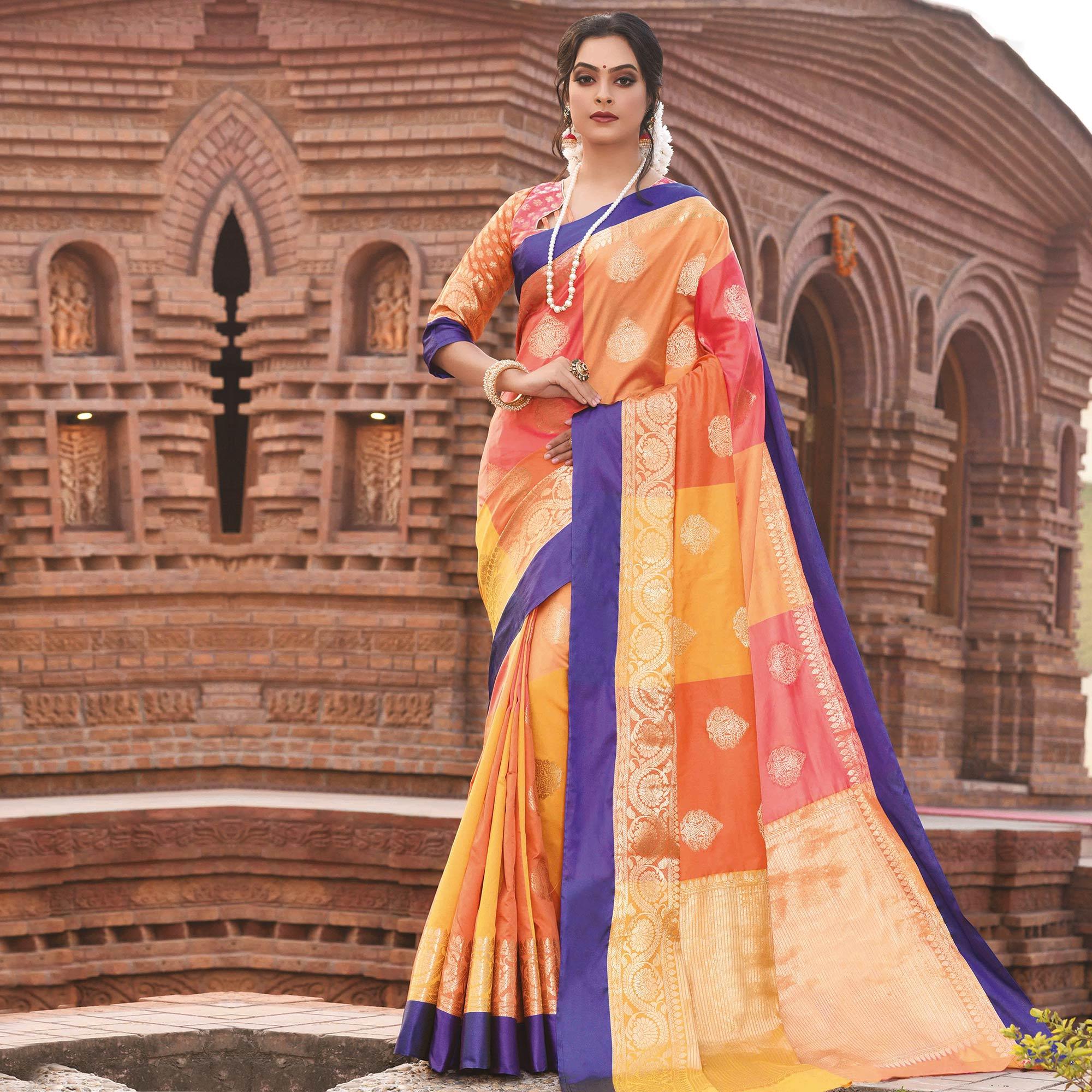 Magnetic Multi Colored Festive Wear Woven Handloom Silk Saree - Peachmode