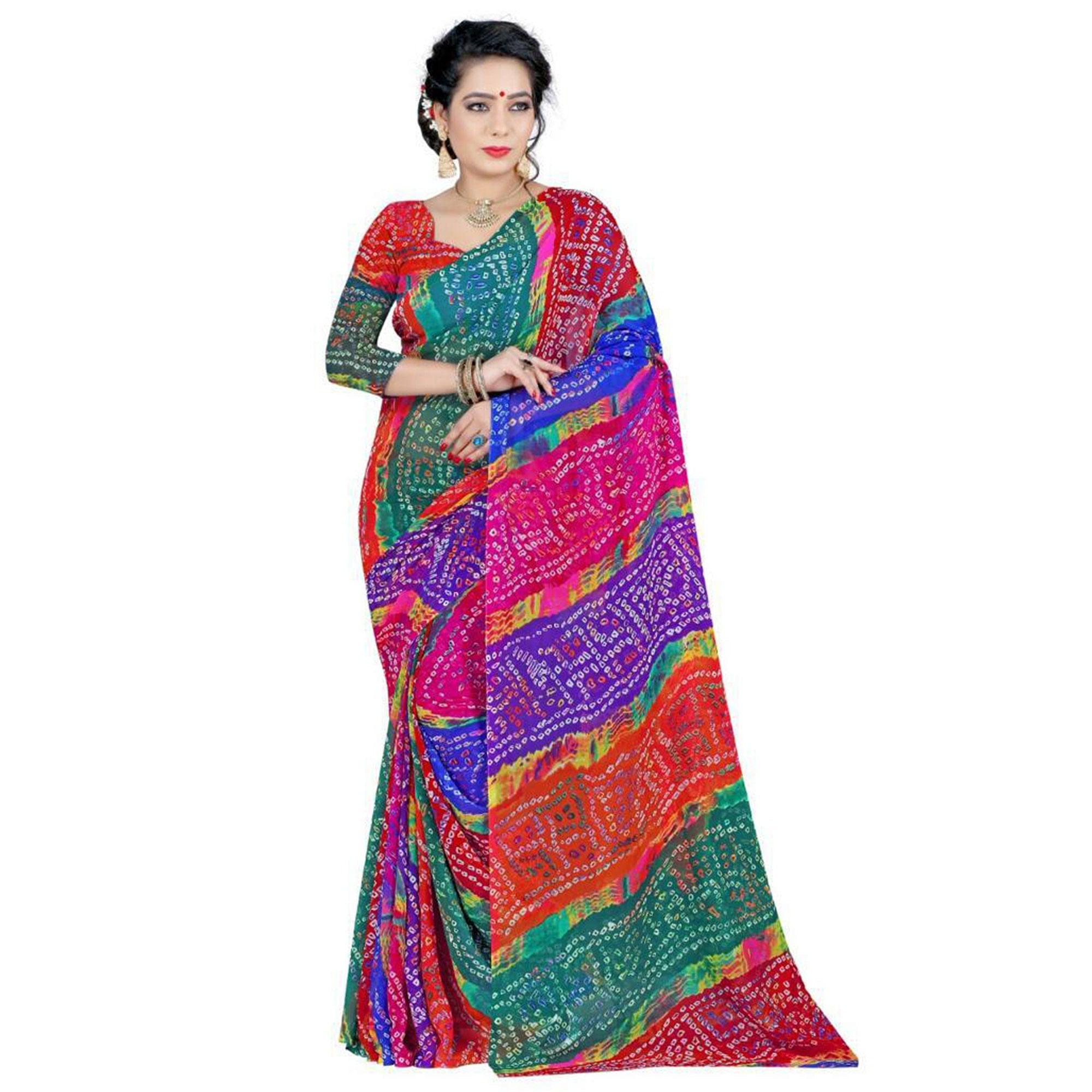 Magnetic Multicolor Coloured Casual Wear Printed Georgette Saree - Peachmode