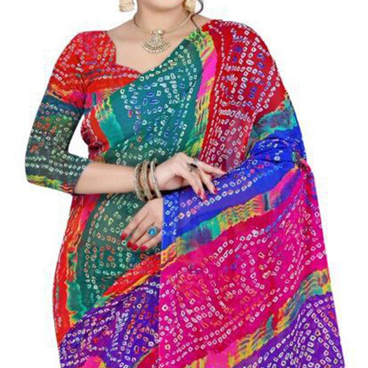 Magnetic Multicolor Coloured Casual Wear Printed Georgette Saree - Peachmode