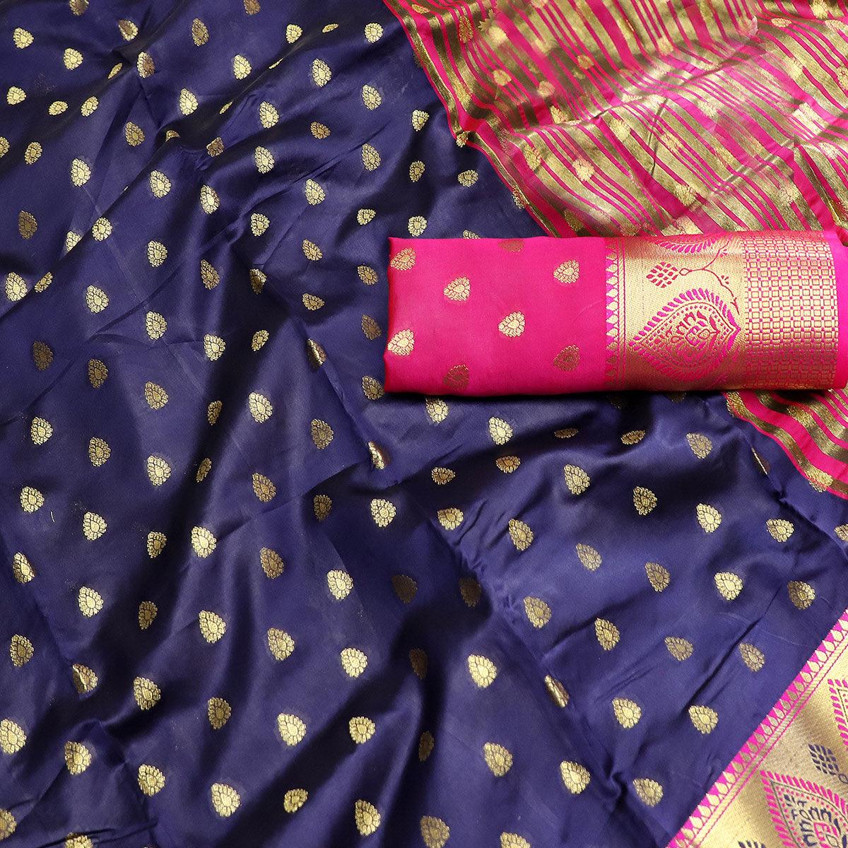 Magnetic Navy Blue Colored Festive Wear Woven Litchi Kota Silk Saree - Peachmode