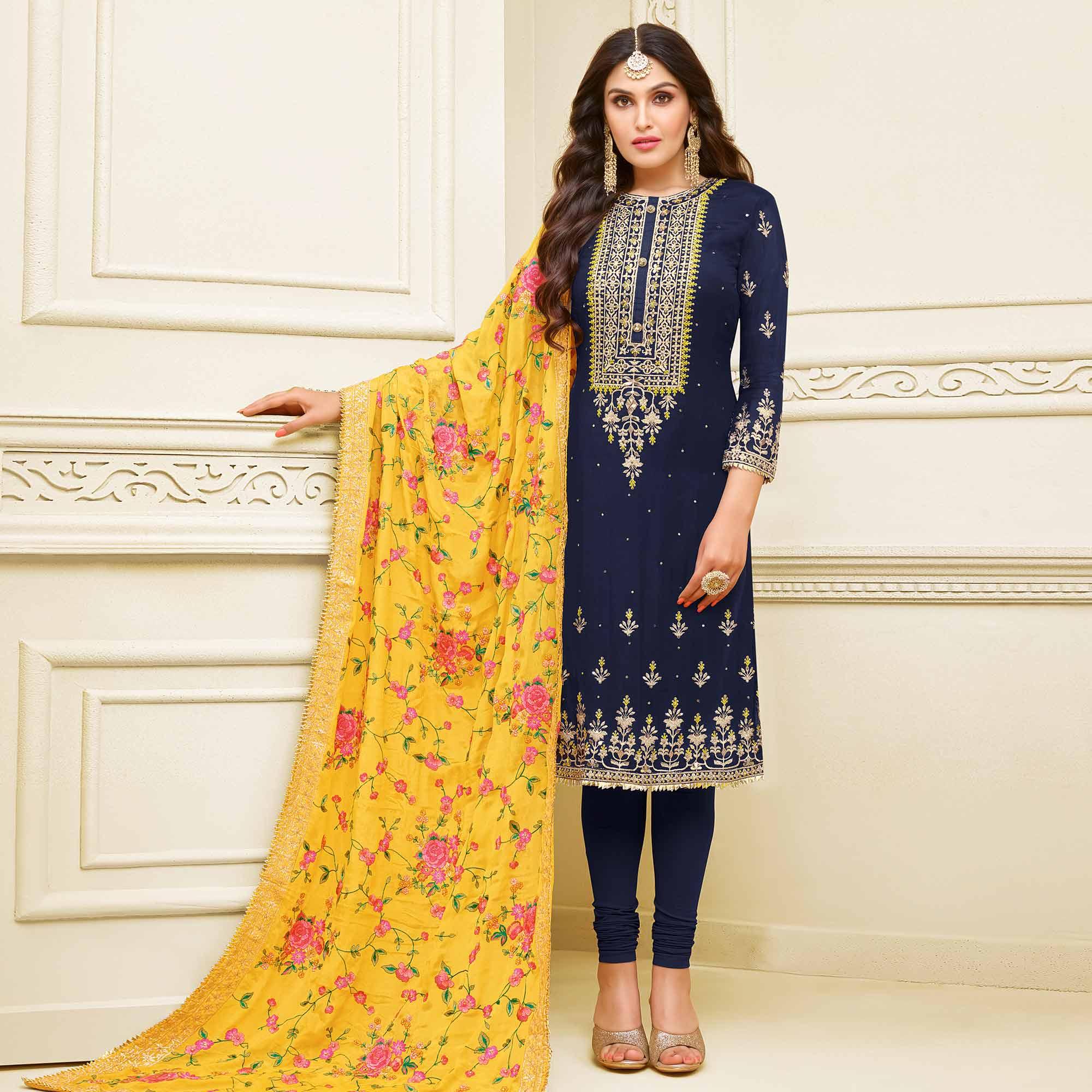 Magnetic Navy Blue Colored Partywear Embroidered Georgette Satin Suit - Peachmode