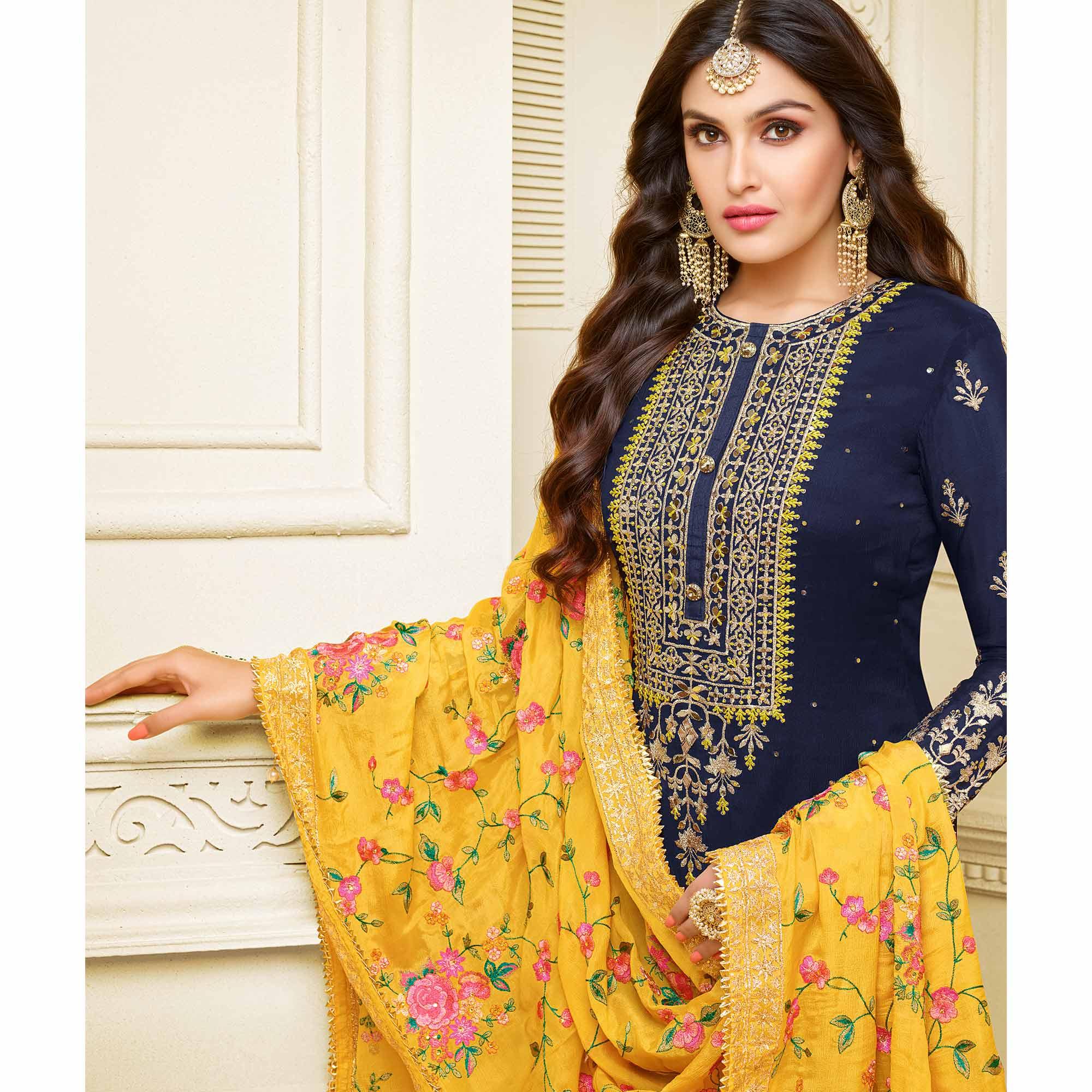 Magnetic Navy Blue Colored Partywear Embroidered Georgette Satin Suit - Peachmode