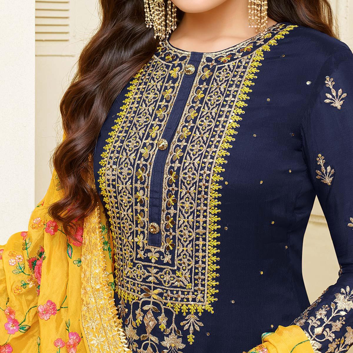 Magnetic Navy Blue Colored Partywear Embroidered Georgette Satin Suit - Peachmode