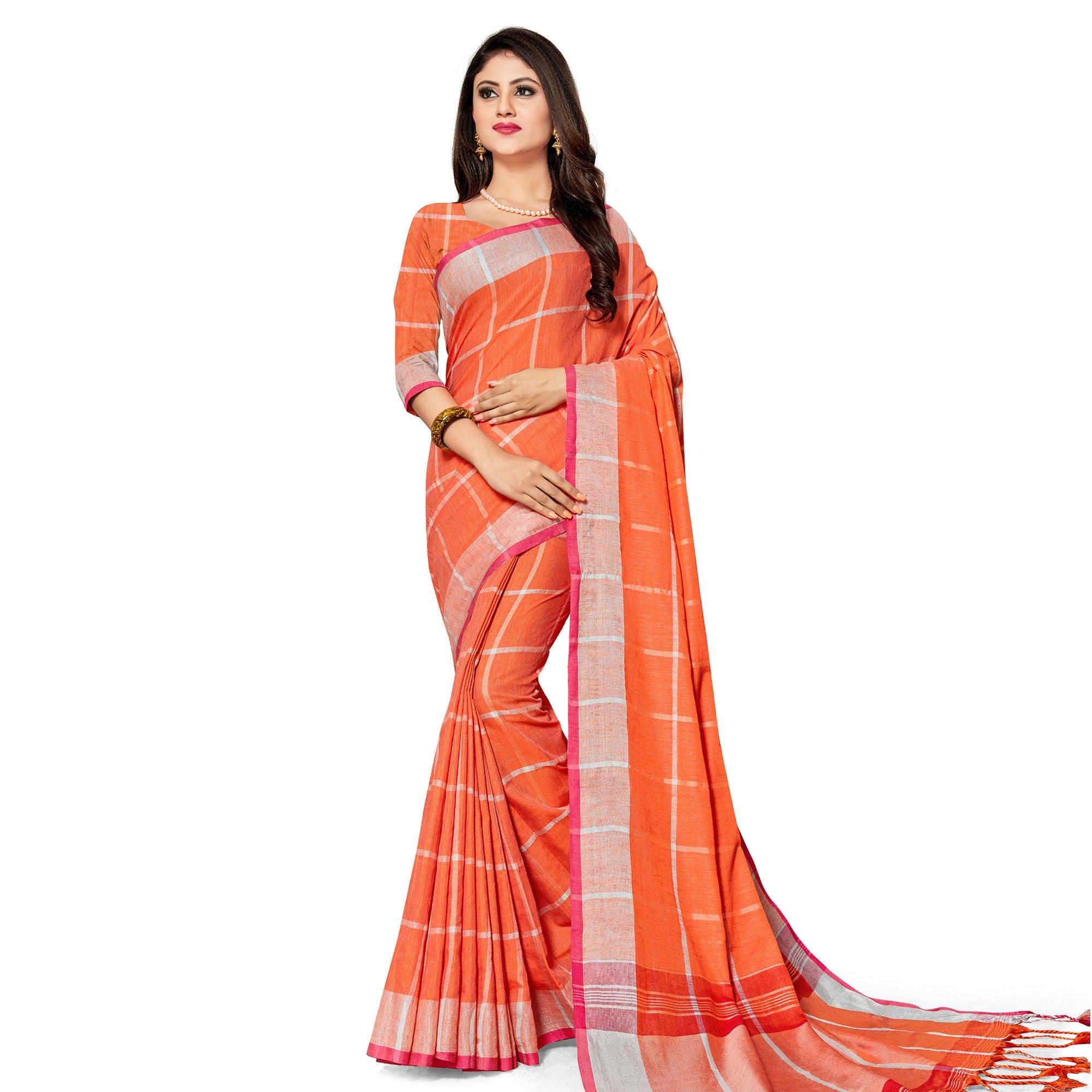 Magnetic Orange Colored Fesive Wear Stripe Print Cotton Silk Saree With Tassels - Peachmode