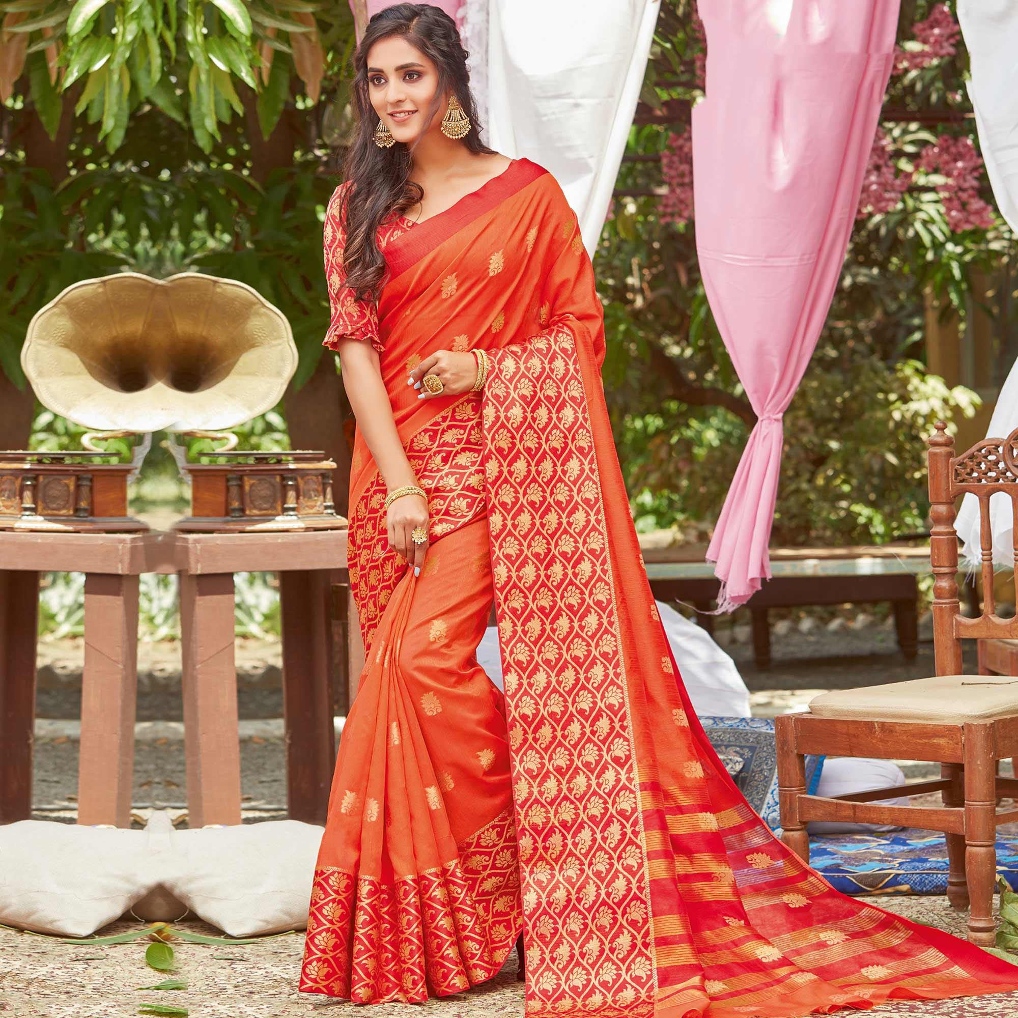 Magnetic Orange Coloured Casual Wear Embroidered Crystal Silk Saree - Peachmode