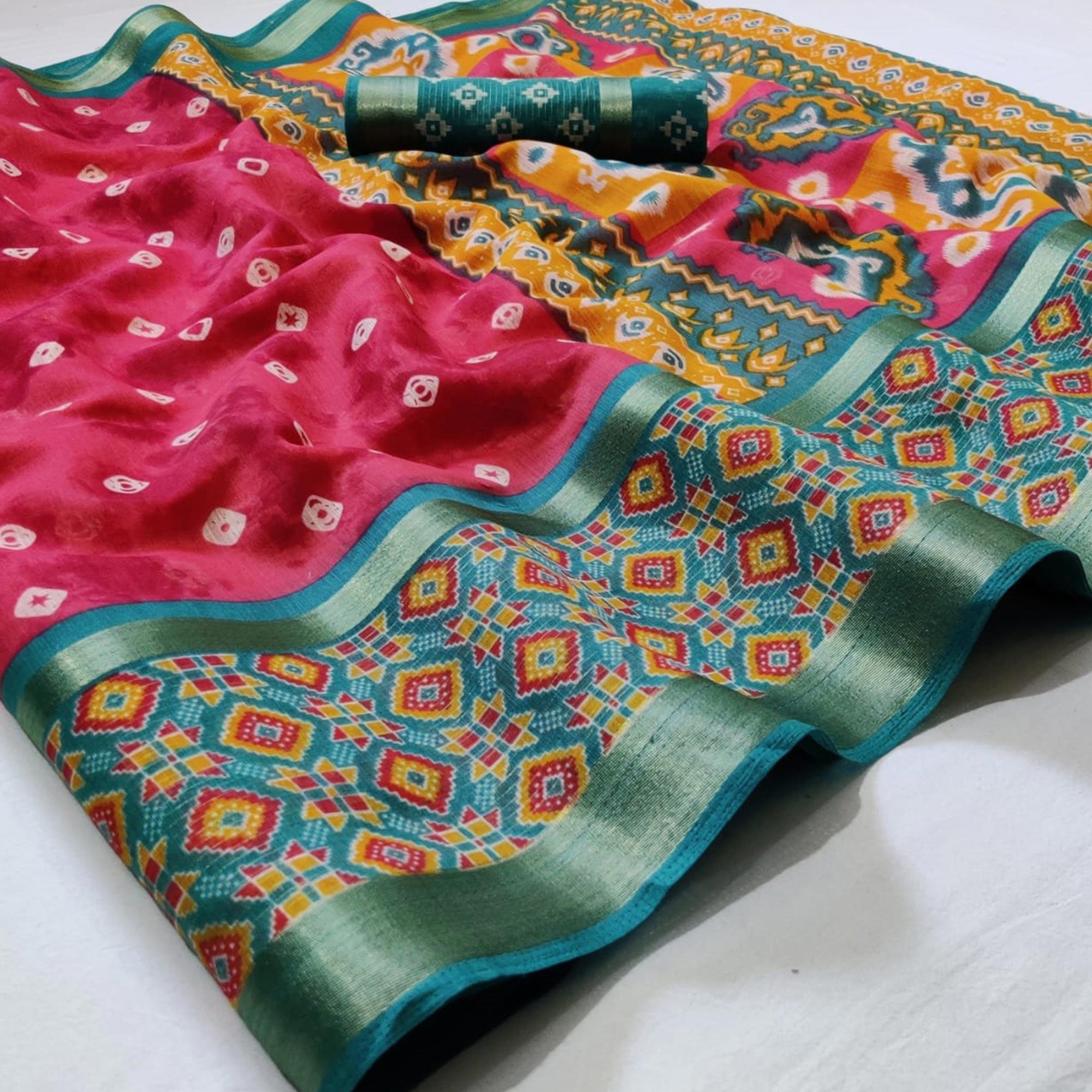 Magnetic Pink Colored Casual Wear Printed Cotton Saree - Peachmode