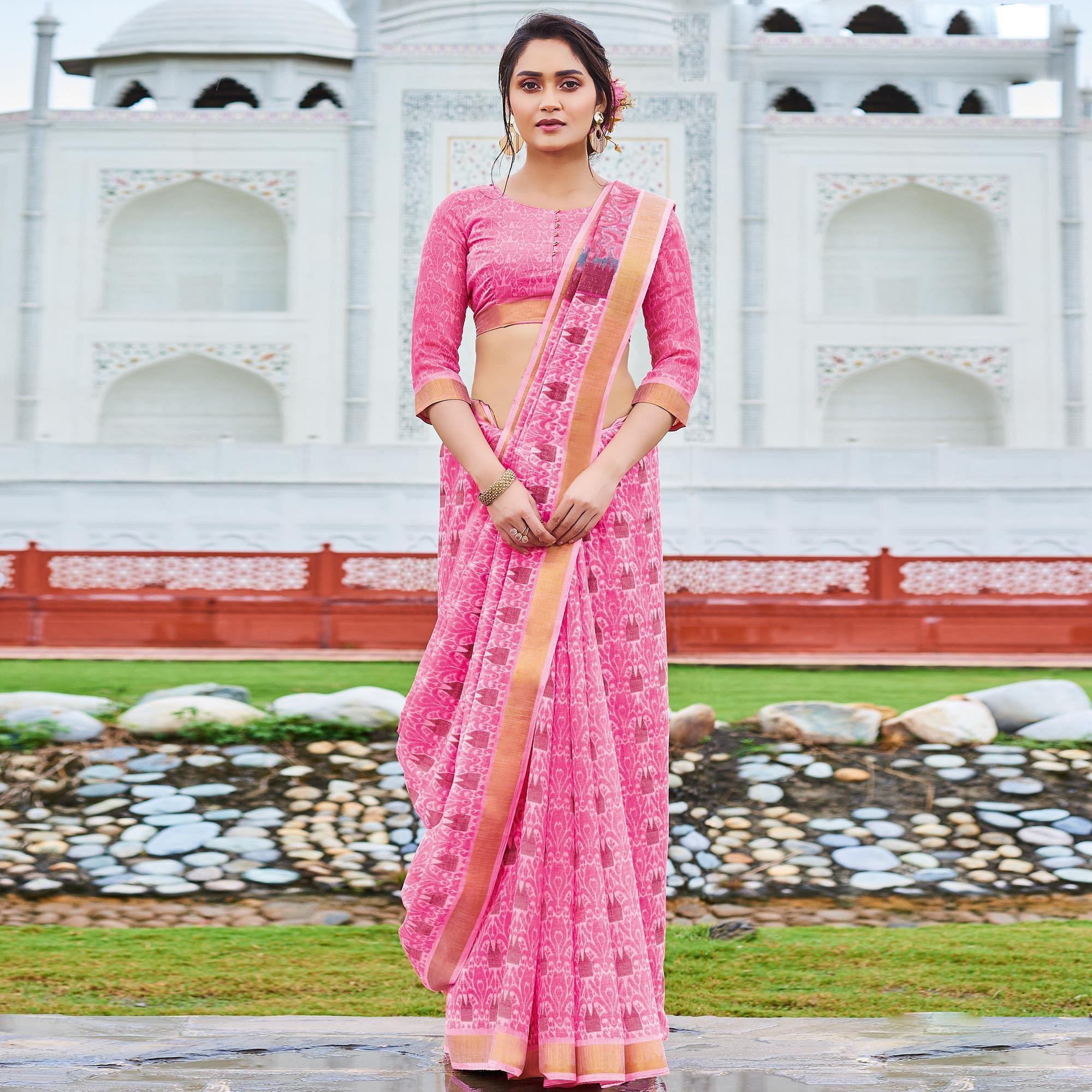 Magnetic Pink Colored Casual Wear Printed Cotton Saree - Peachmode