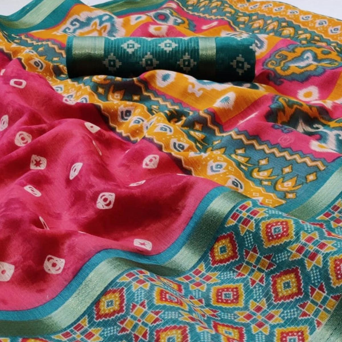Magnetic Pink Colored Casual Wear Printed Cotton Saree - Peachmode