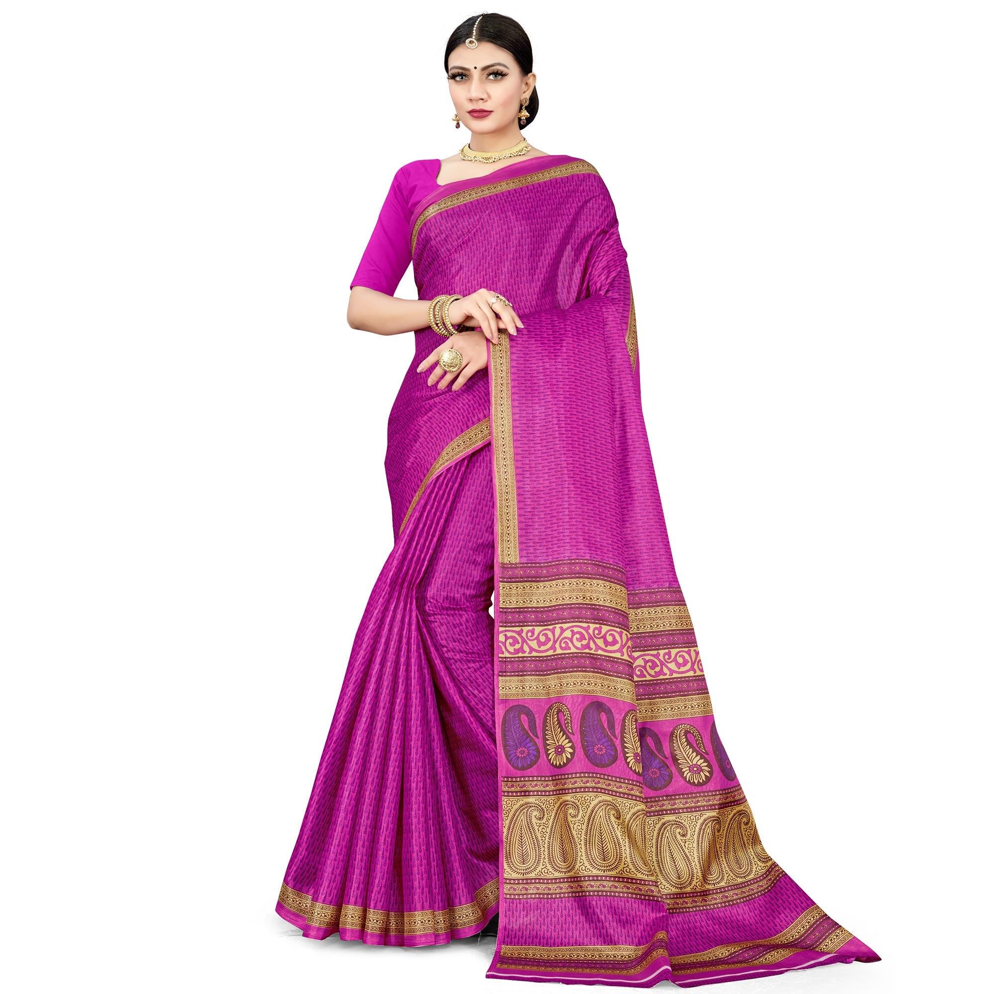 Magnetic Pink Colored Casual Wear Printed Cotton Silk Saree - Peachmode