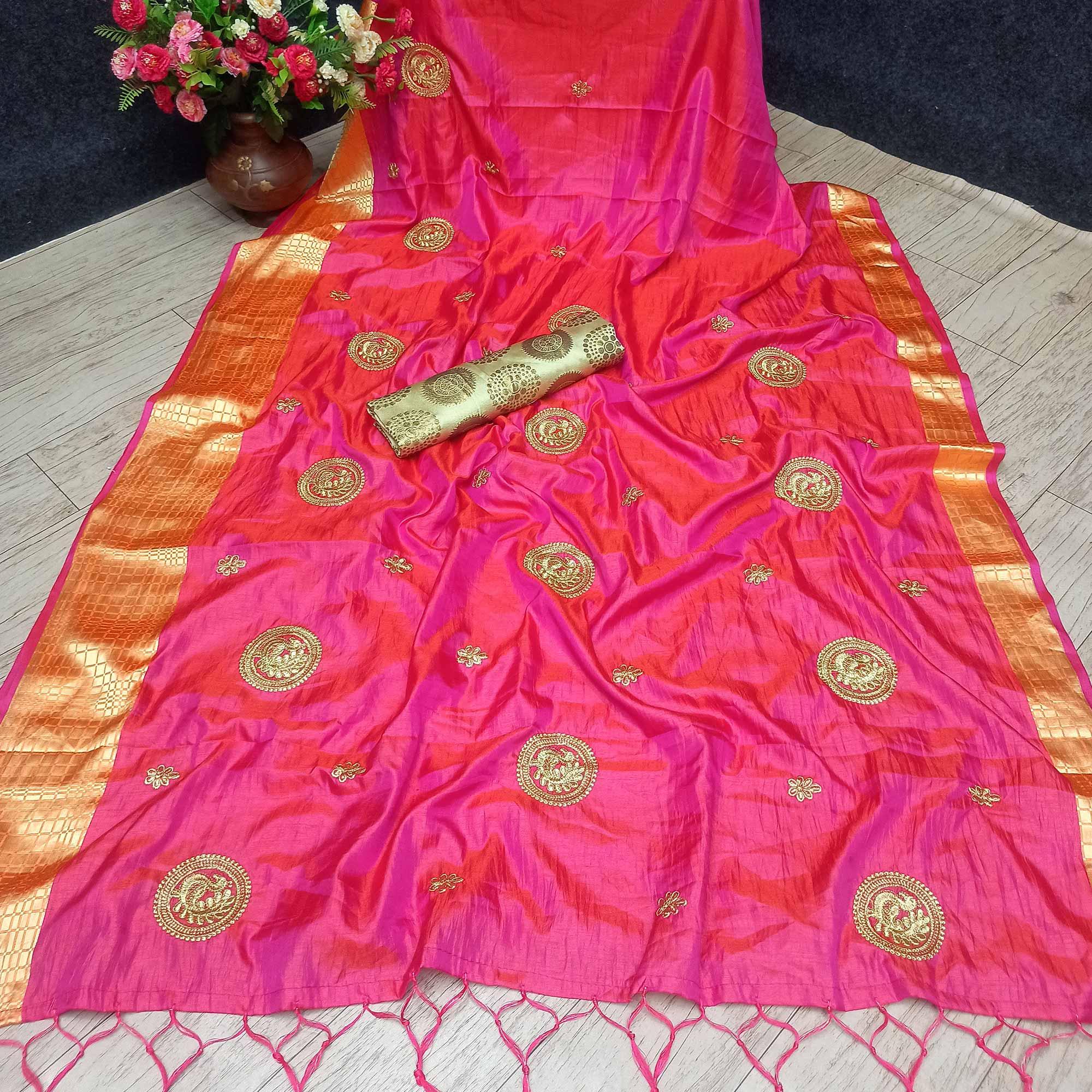 Magnetic Pink Colored Festive Wear Woven Banarasi Silk Saree With Tassels - Peachmode