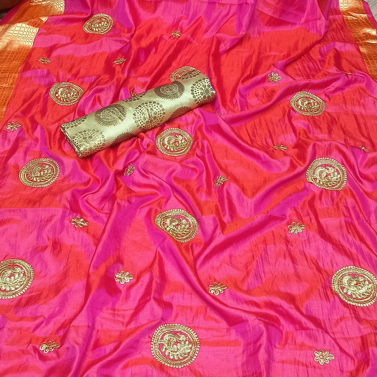 Magnetic Pink Colored Festive Wear Woven Banarasi Silk Saree With Tassels - Peachmode