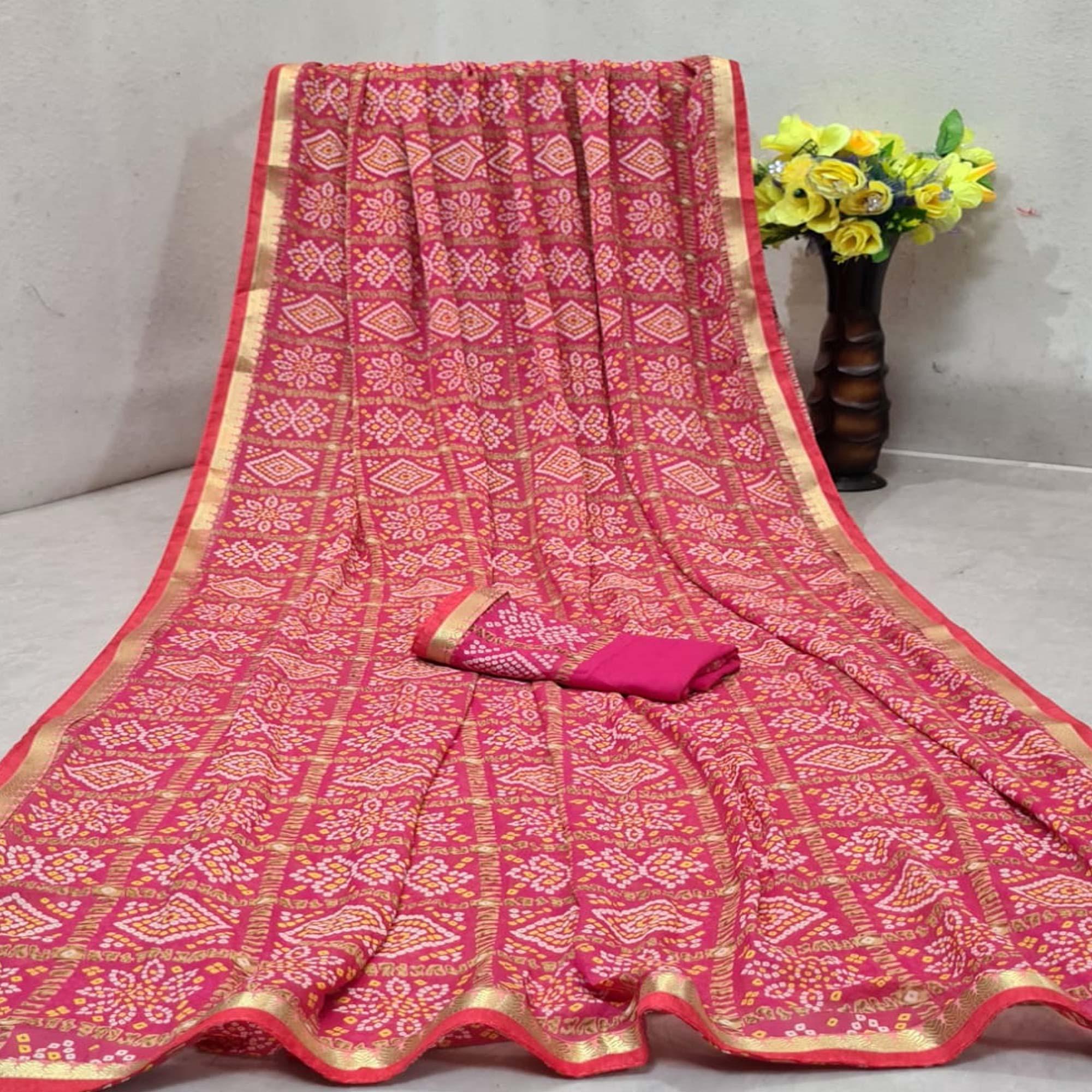 Magnetic Pink Colored Festive Wear Woven Moss Georgette Saree - Peachmode
