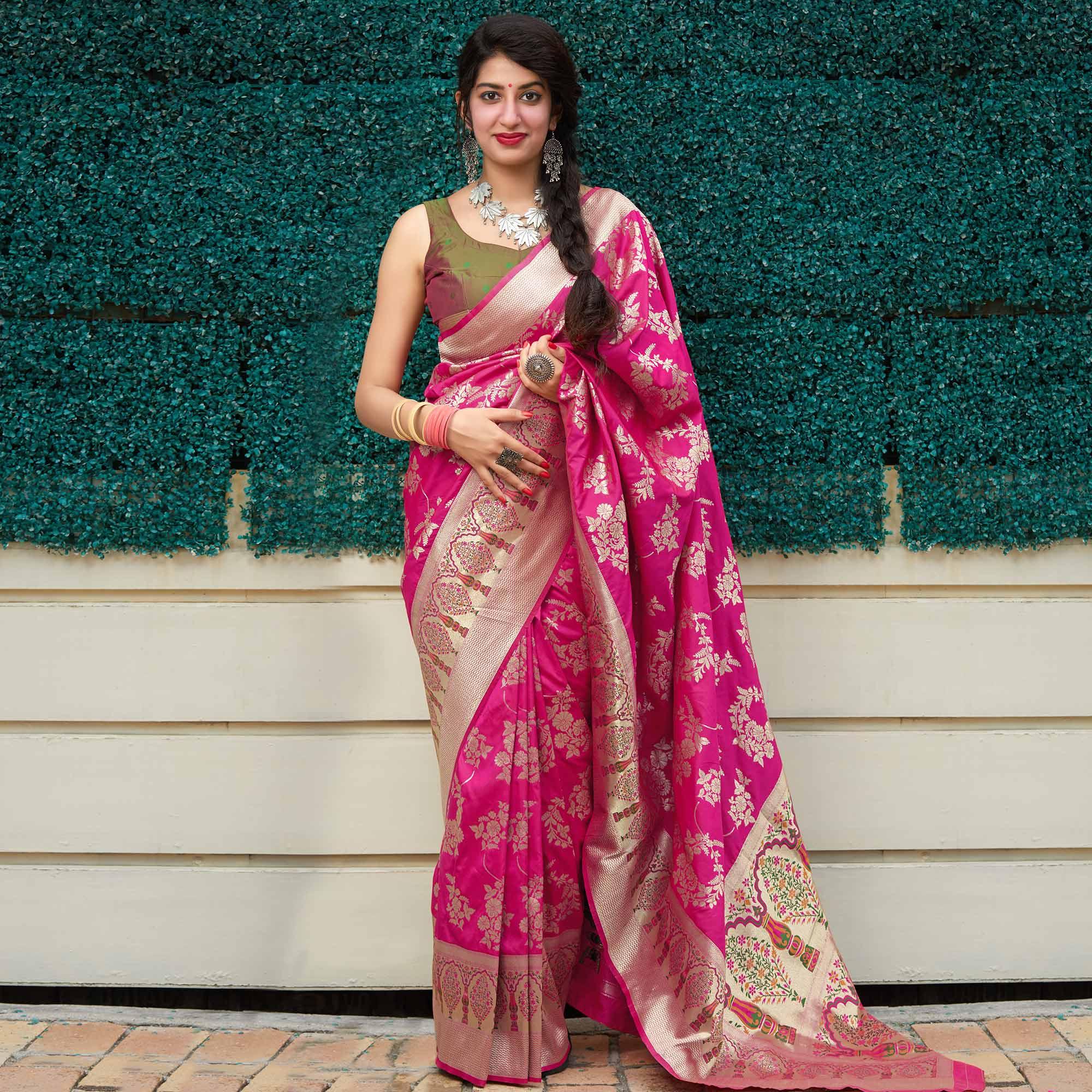 Magnetic pink Colored Festive Wear Woven Silk Saree - Peachmode