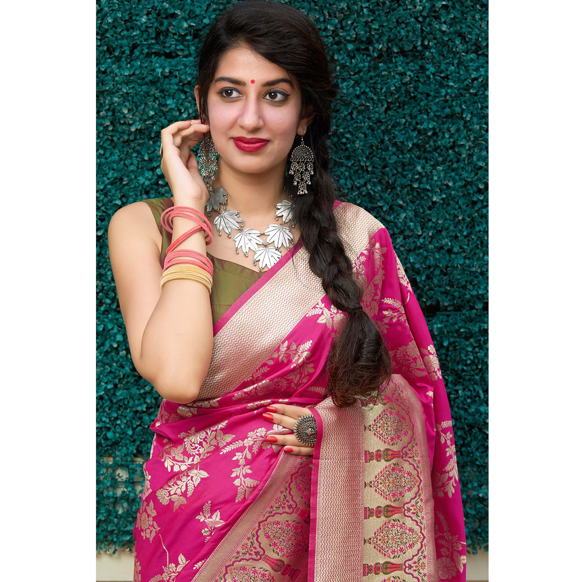 Magnetic pink Colored Festive Wear Woven Silk Saree - Peachmode