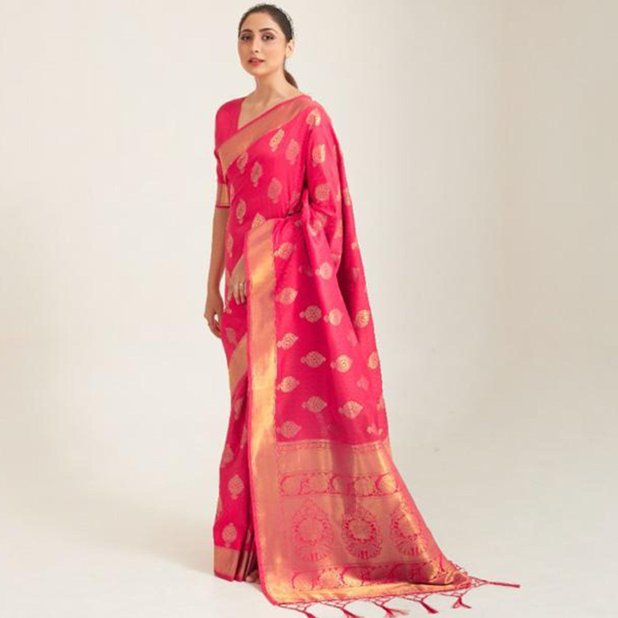 Magnetic Pink Coloured Festive Wear Handloom Woven Silk Saree - Peachmode