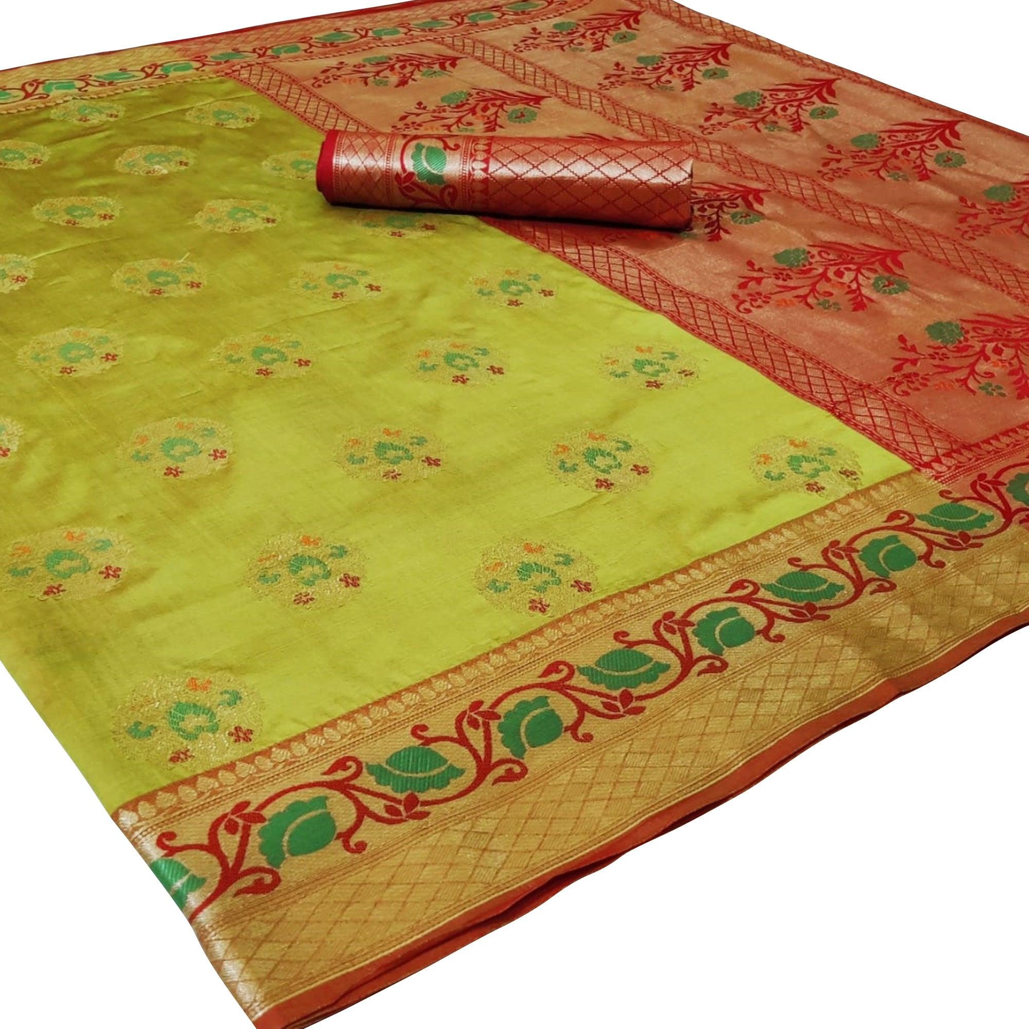 Magnetic Pista Green Colored Festive Wear Woven Silk Saree - Peachmode
