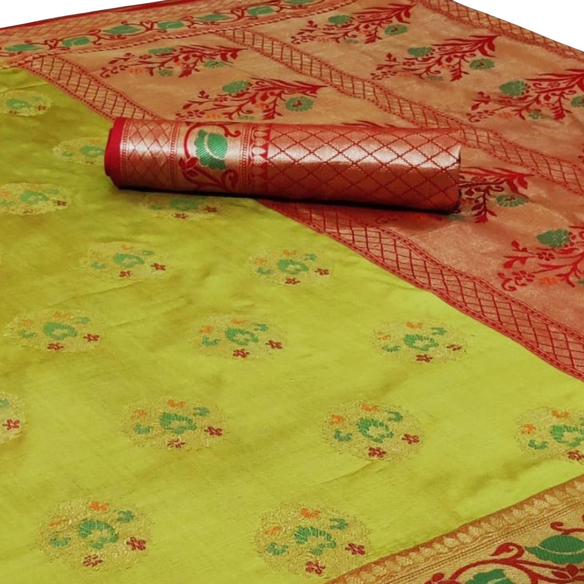 Magnetic Pista Green Colored Festive Wear Woven Silk Saree - Peachmode