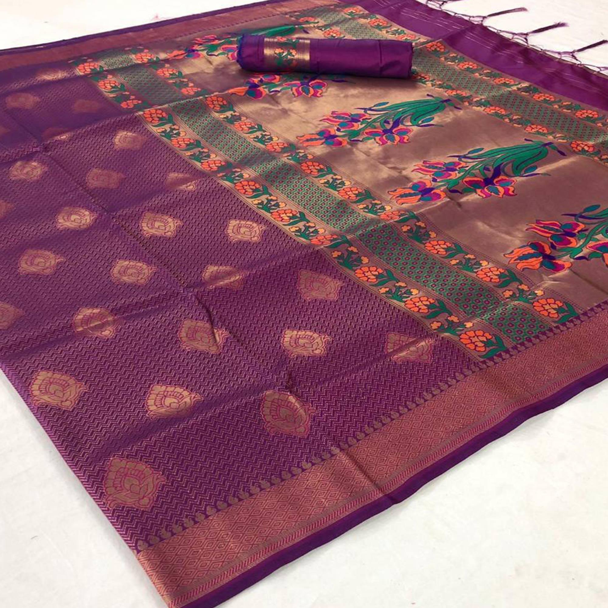 Magnetic Purple Colored Festive Wear Woven Pure Soft Silk Saree - Peachmode