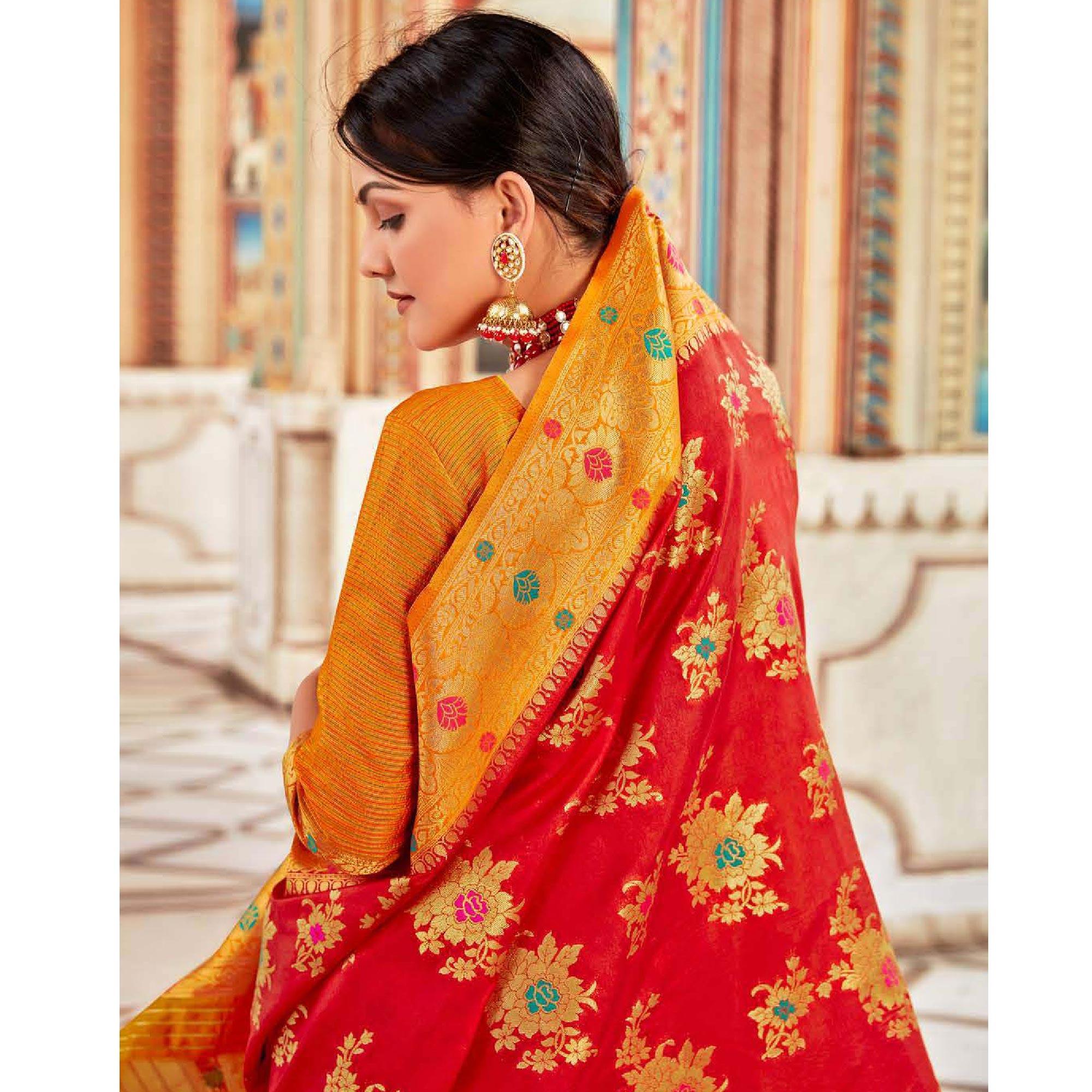 Magnetic Red Colored Festive Wear Woven Art Silk Saree - Peachmode