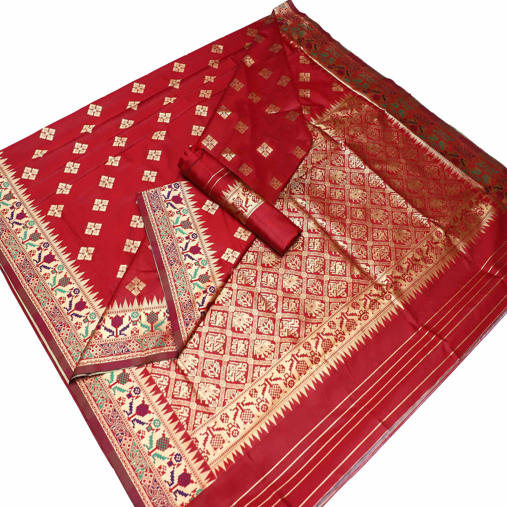 Magnetic Red Colored Festive Wear Woven Banarasi Silk Saree - Peachmode