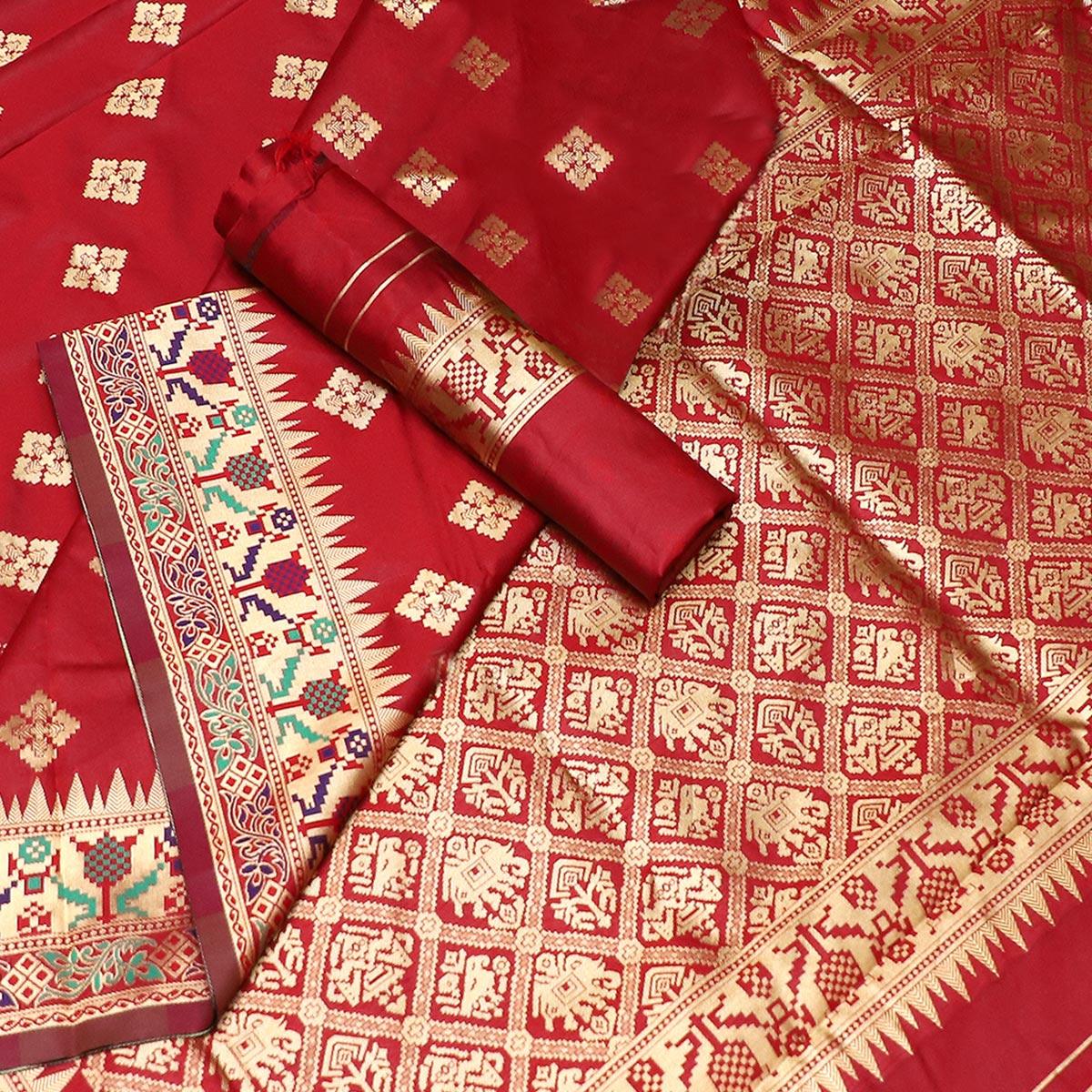 Magnetic Red Colored Festive Wear Woven Banarasi Silk Saree - Peachmode