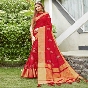 Magnetic Red Colored Festive Wear Woven Handloom Silk Saree - Peachmode