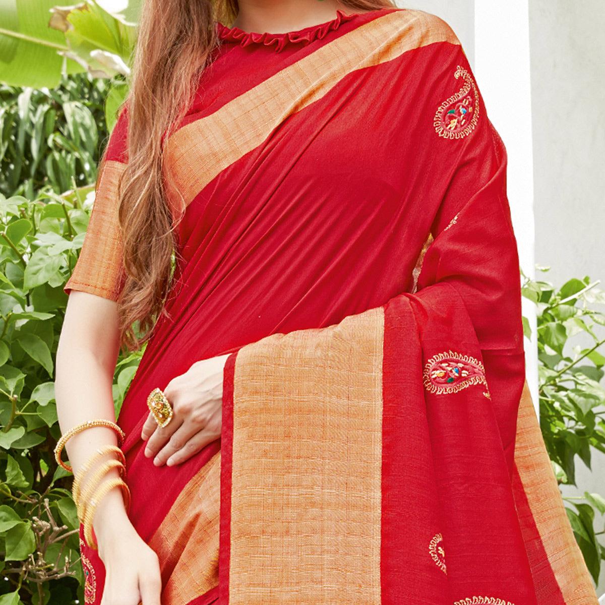 Magnetic Red Colored Festive Wear Woven Handloom Silk Saree - Peachmode