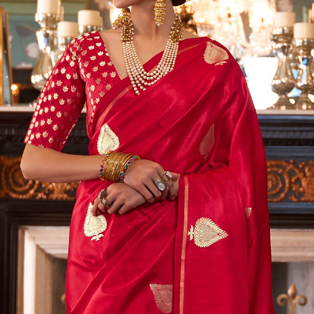 Magnetic Red Colored Festive Wear Woven Pure Satin Silk Saree - Peachmode
