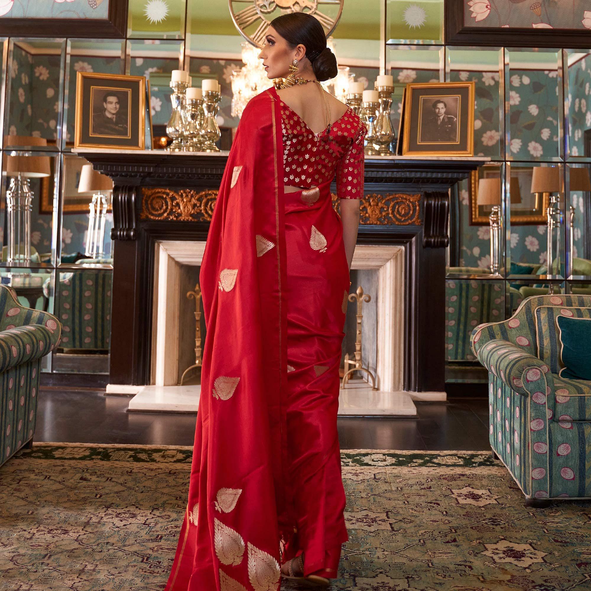 Magnetic Red Colored Festive Wear Woven Pure Satin Silk Saree - Peachmode