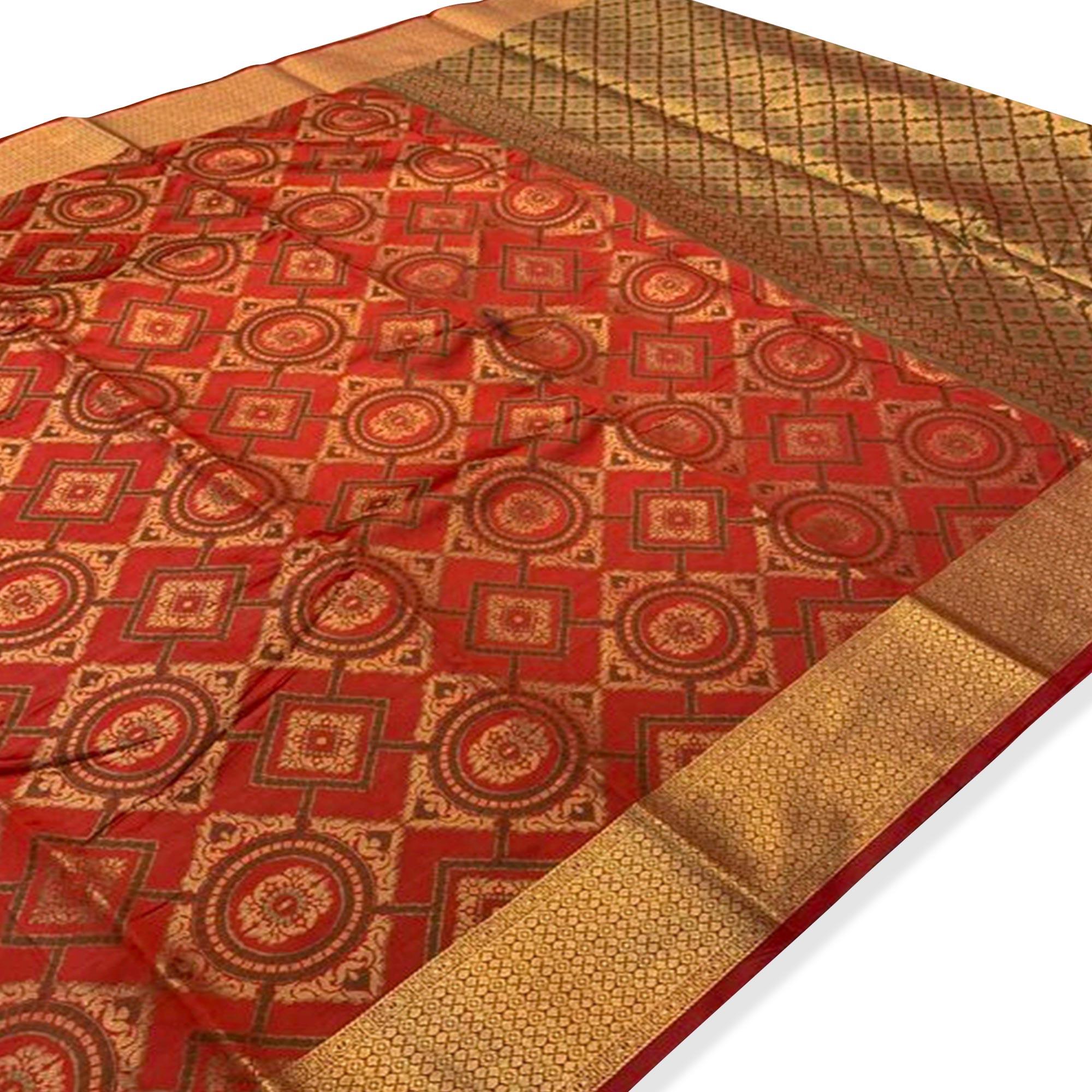 Magnetic Red Colored Festive Wear Woven Silk Saree - Peachmode