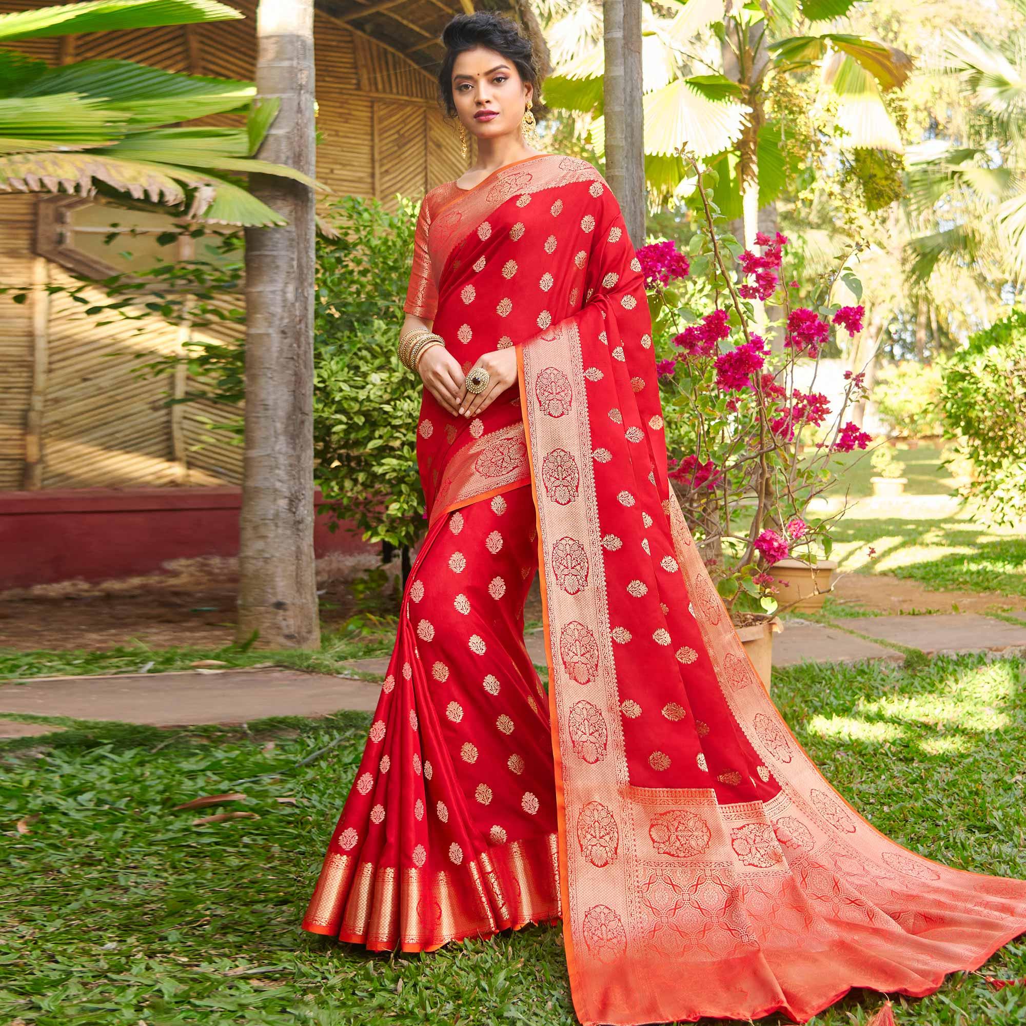 Magnetic Red Colored Festive Wear Woven Silk Saree - Peachmode