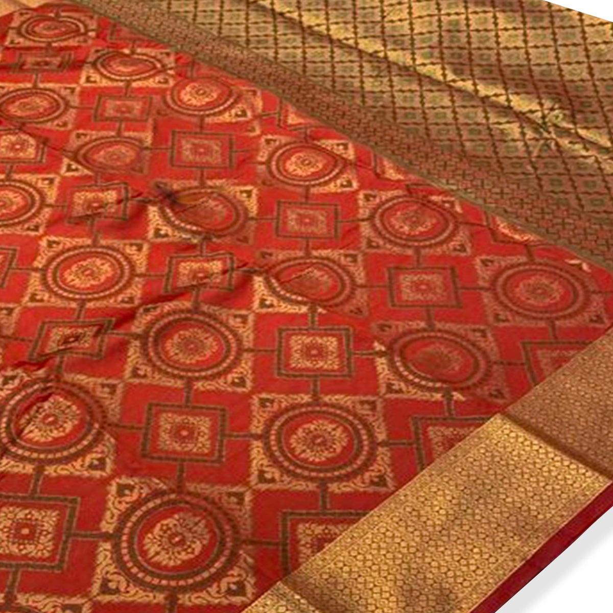 Magnetic Red Colored Festive Wear Woven Silk Saree - Peachmode