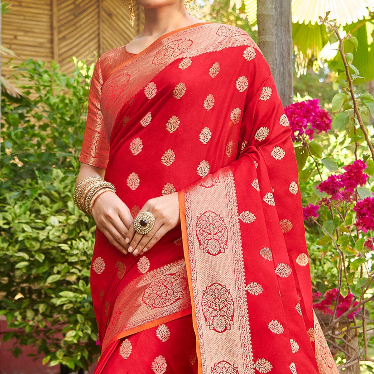 Magnetic Red Colored Festive Wear Woven Silk Saree - Peachmode