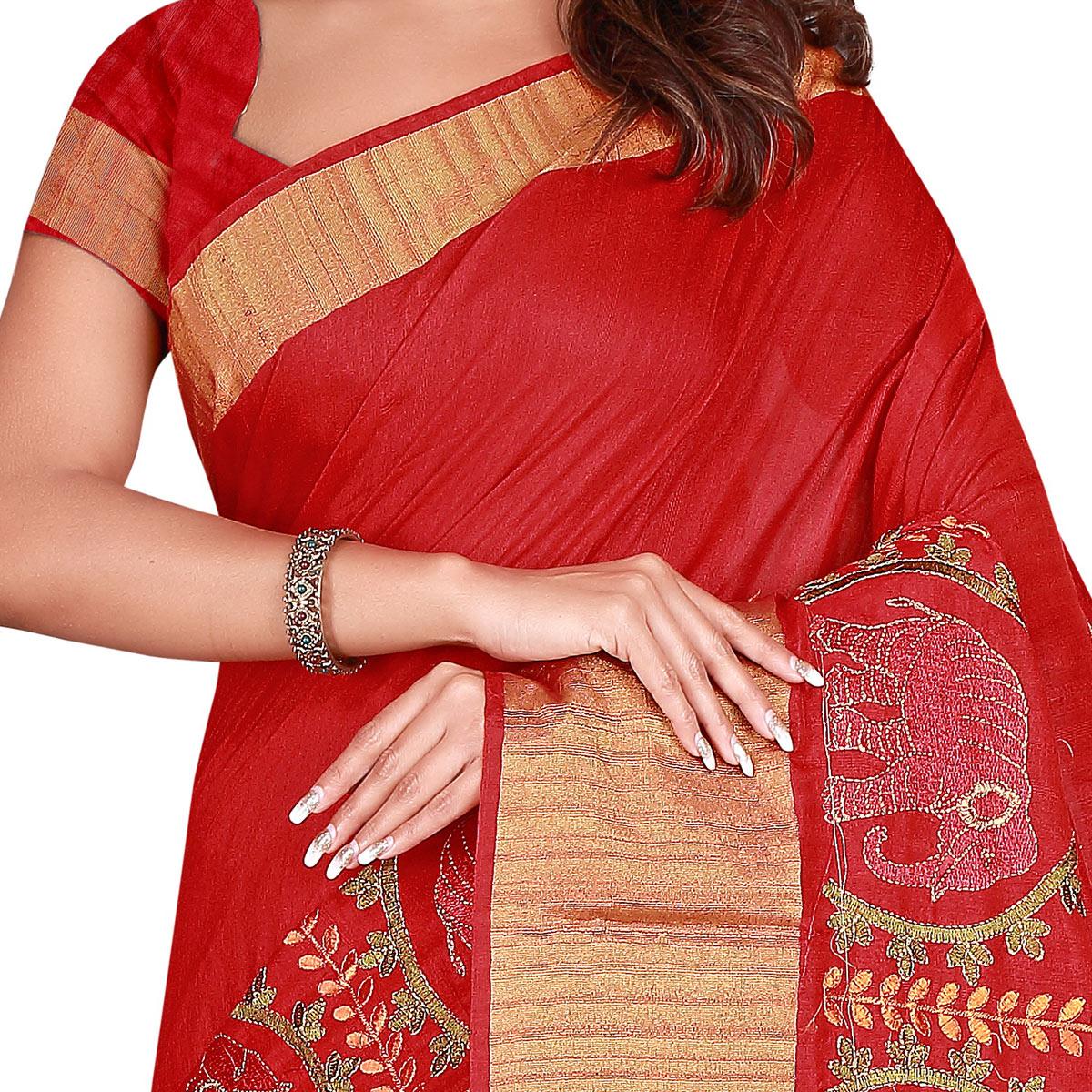 Magnetic Red Colored Festive Wear Woven Silk Saree - Peachmode