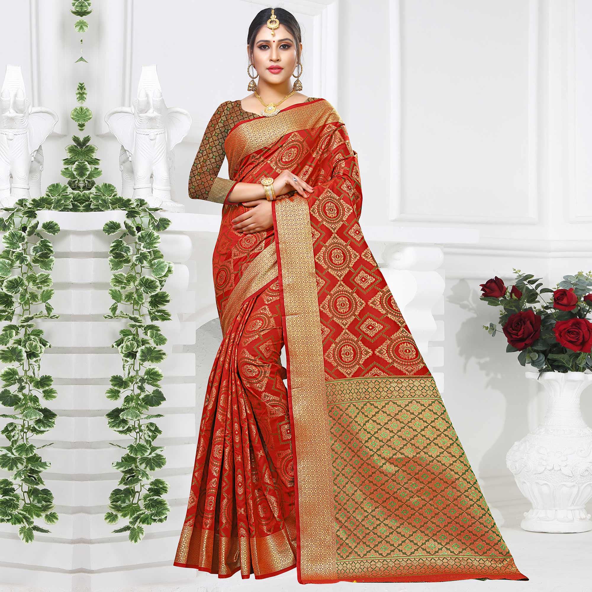 Magnetic Red Colored Festive Wear Woven Silk Saree - Peachmode